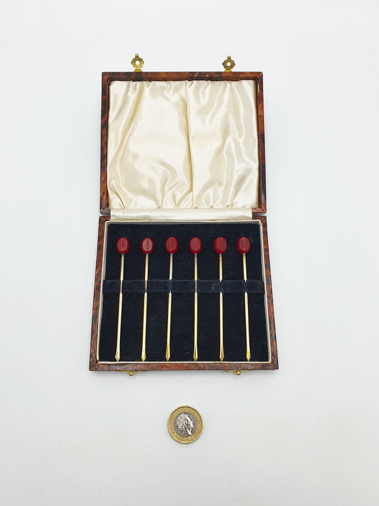Lovely Boxed Set of Six Antique Silver Gilt & Cherry Red Bakelite Cocktail Sticks – circa 1920