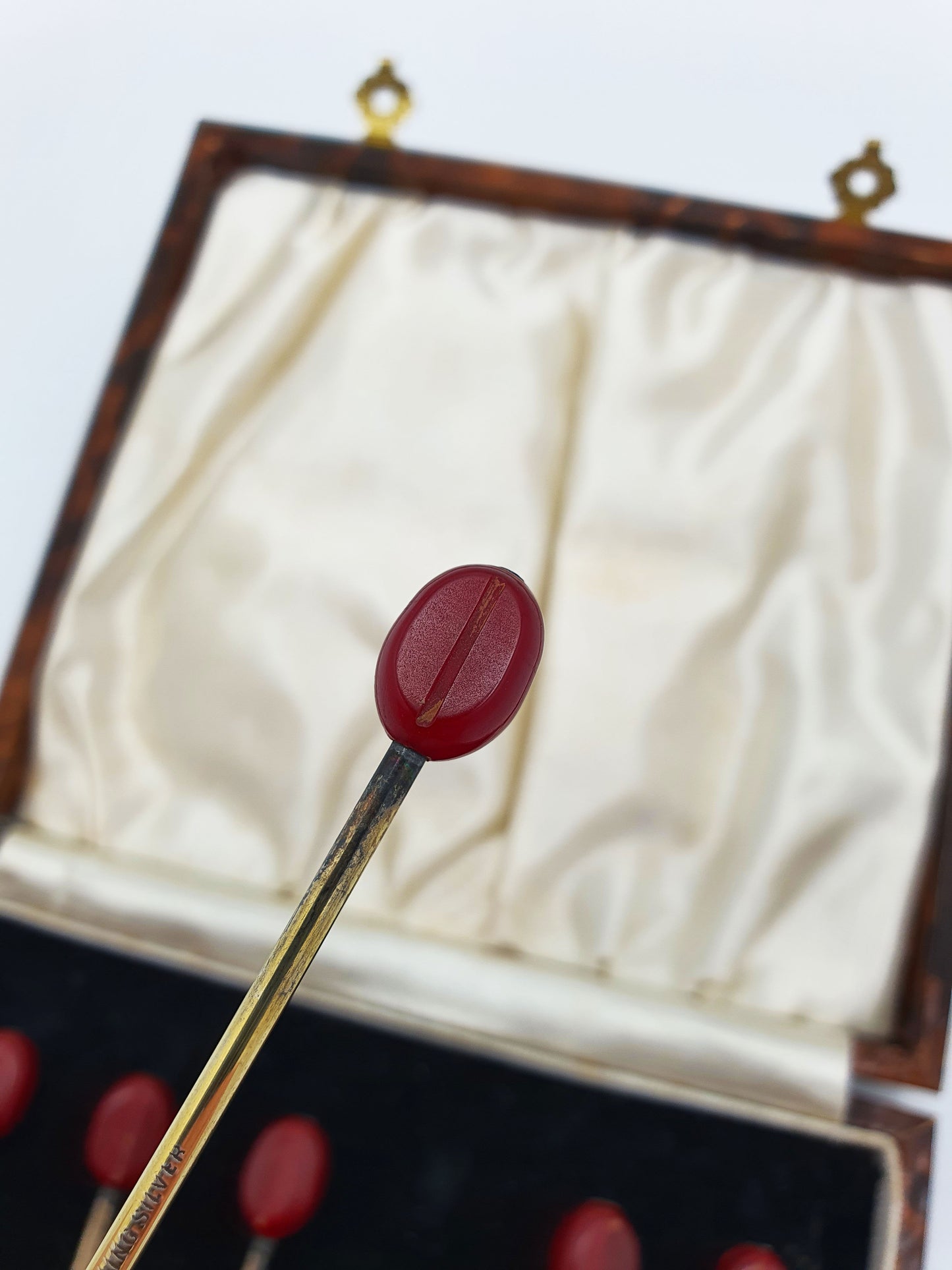 Lovely Boxed Set of Six Antique Silver Gilt & Cherry Red Bakelite Cocktail Sticks – circa 1920