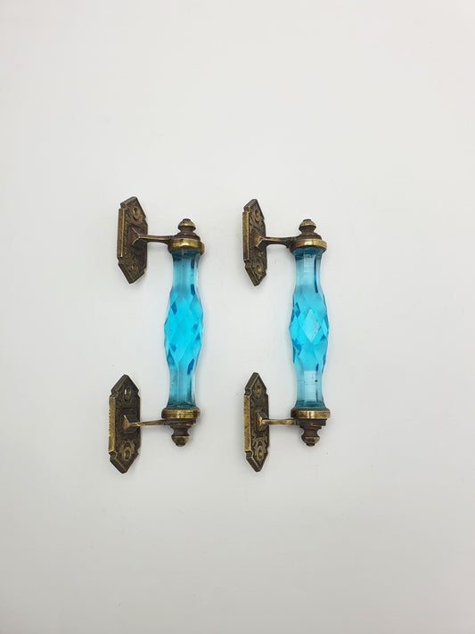 Stunning Pair of Antique Blue Glass Door Handles with Ornate Brass Mounts – circa 1890