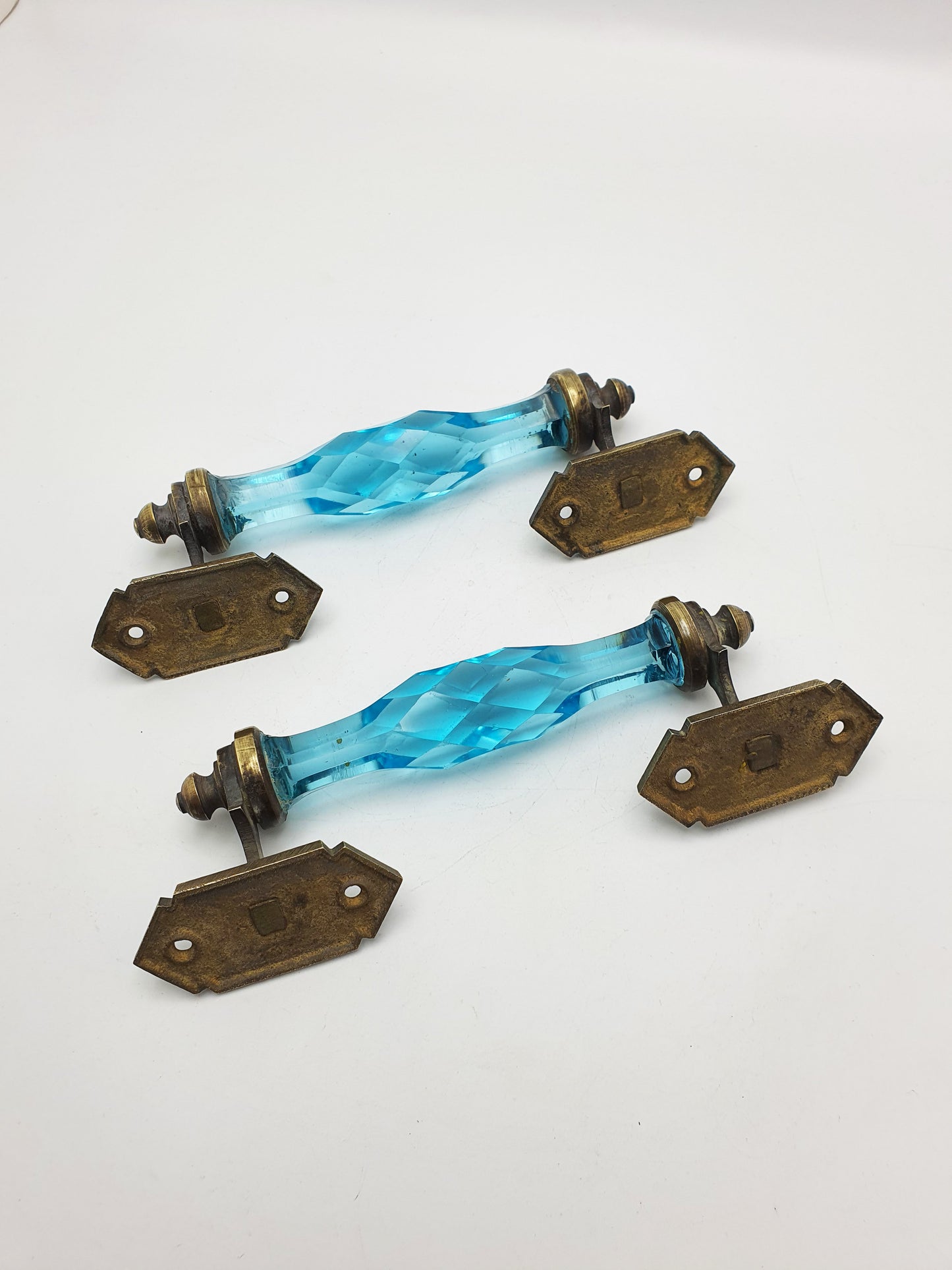 Stunning Pair of Antique Blue Glass Door Handles with Ornate Brass Mounts – circa 1890