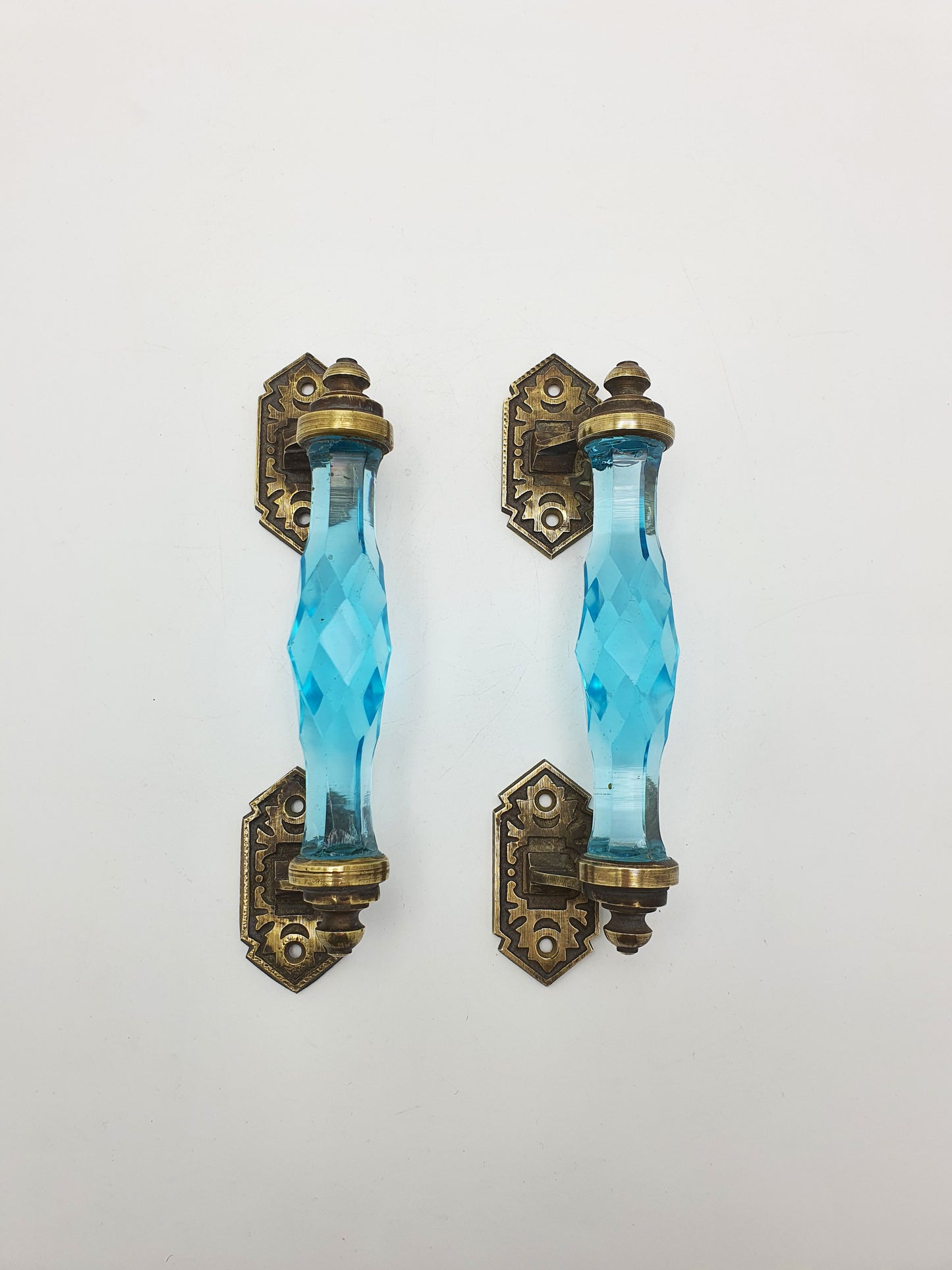 Stunning Pair of Antique Blue Glass Door Handles with Ornate Brass Mounts – circa 1890