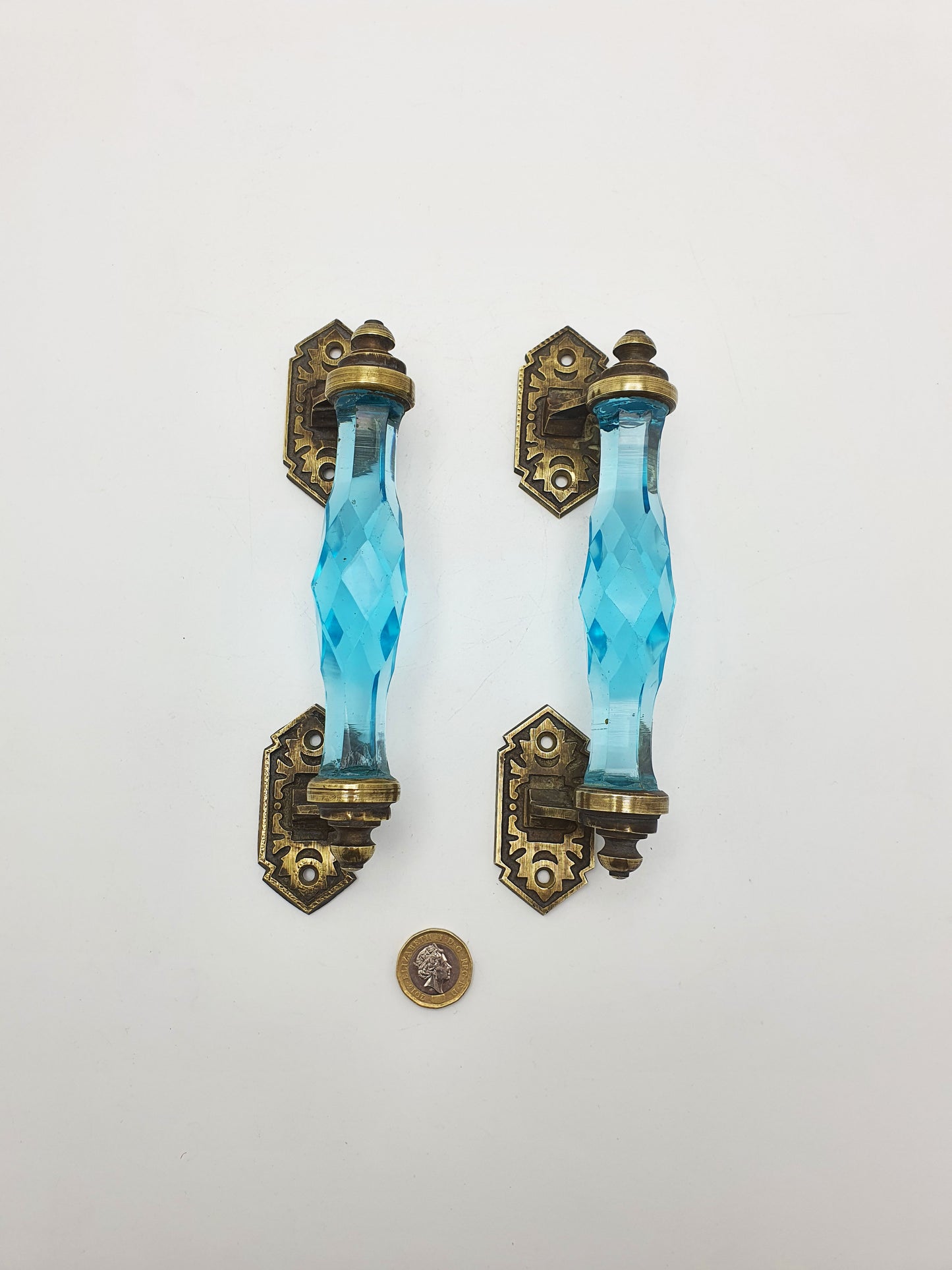 Stunning Pair of Antique Blue Glass Door Handles with Ornate Brass Mounts – circa 1890