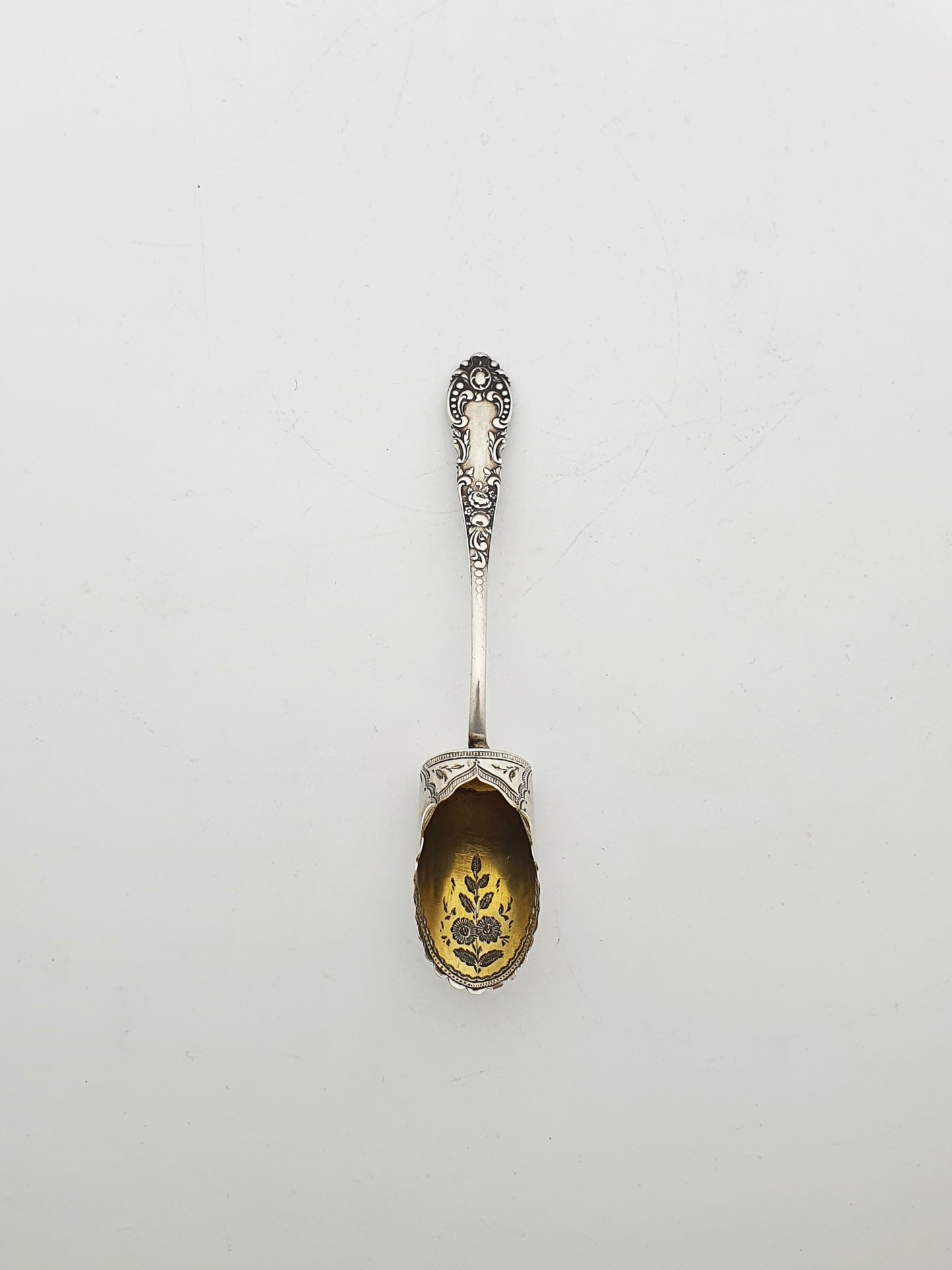 Gorgeous Antique Sterling Silver Serving Spoon with Gilt Bowl & Floral Etching - 1899