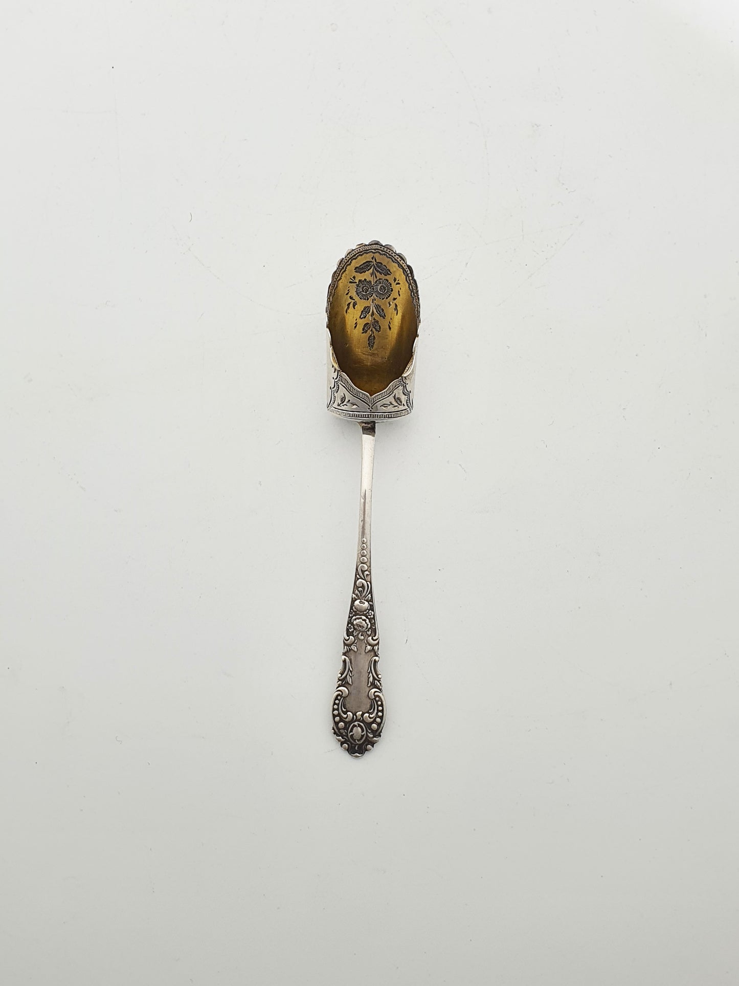 Gorgeous Antique Sterling Silver Serving Spoon with Gilt Bowl & Floral Etching - 1899