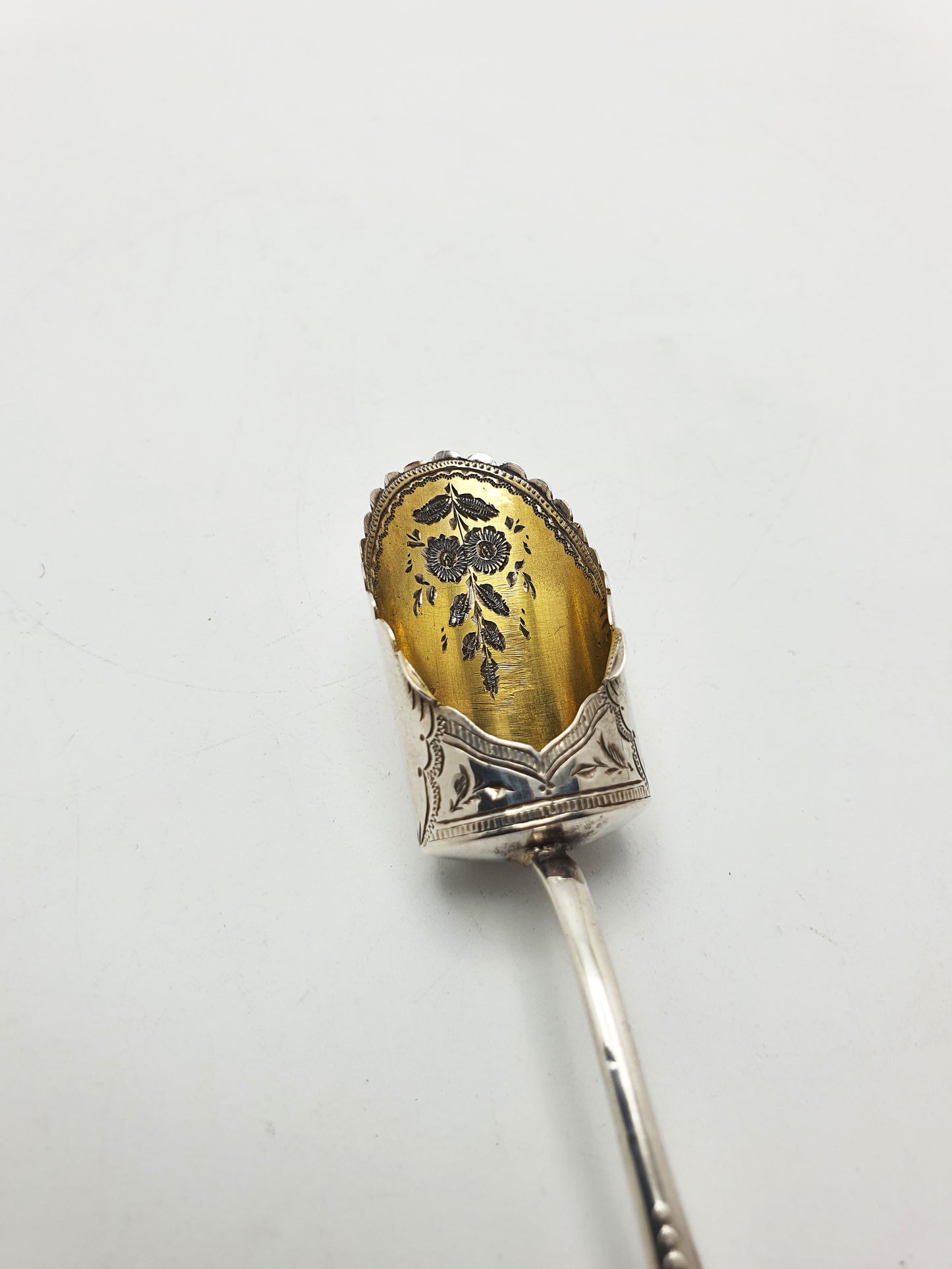 Gorgeous Antique Sterling Silver Serving Spoon with Gilt Bowl & Floral Etching - 1899