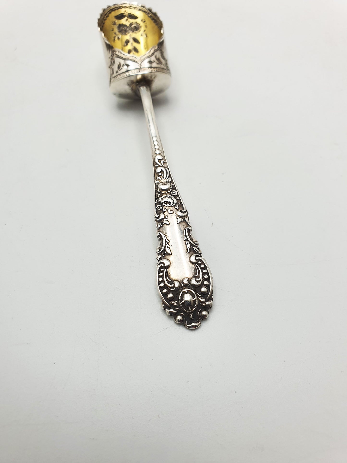 Gorgeous Antique Sterling Silver Serving Spoon with Gilt Bowl & Floral Etching - 1899