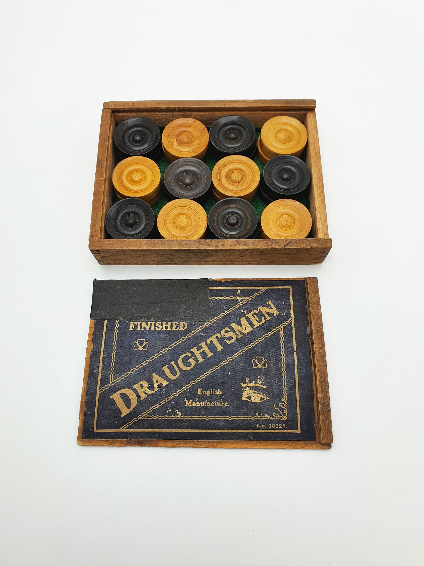 Nice Antique Boxwood & Ebony Draughts Set in Original Box – circa 1920