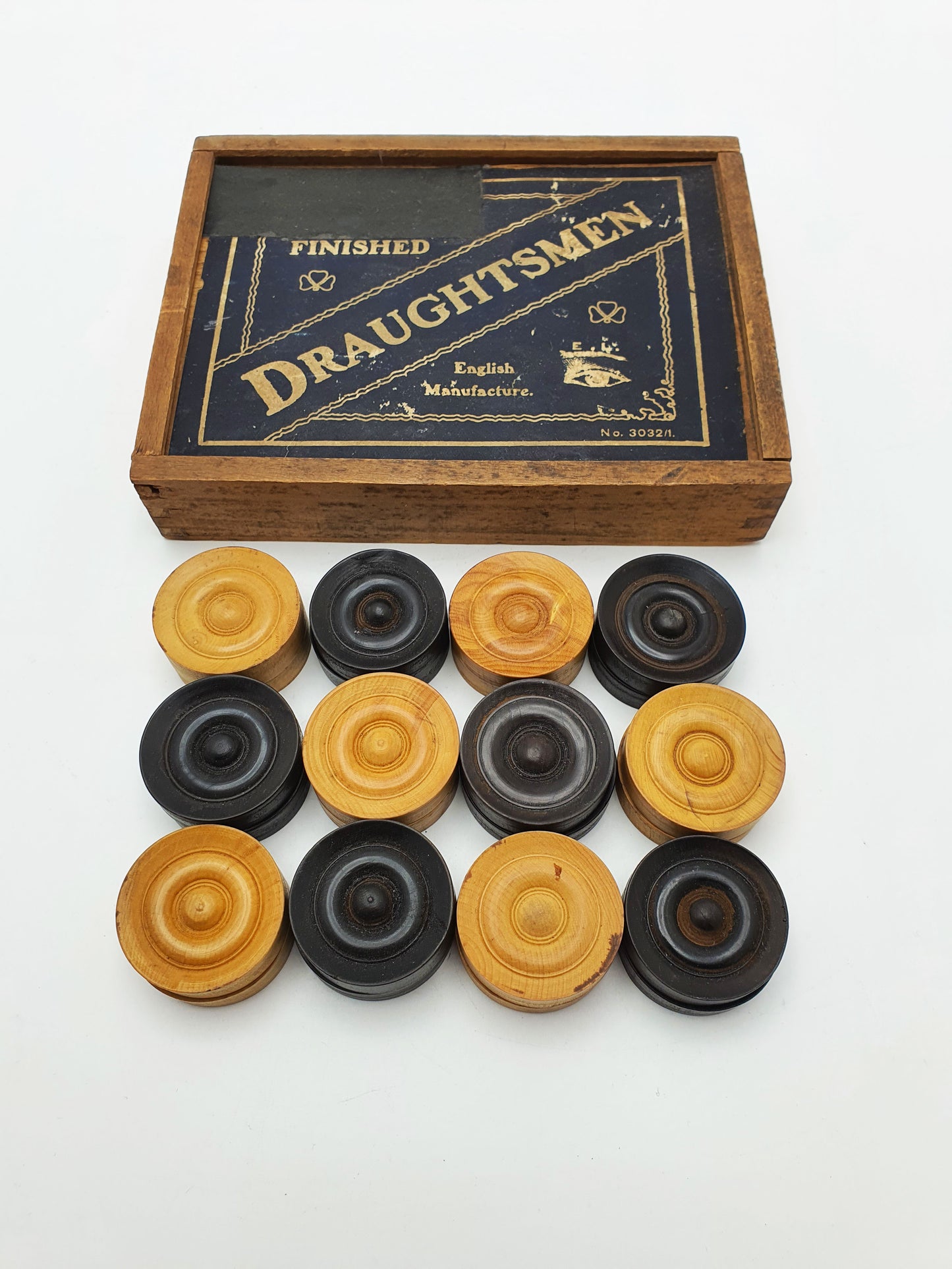 Nice Antique Boxwood & Ebony Draughts Set in Original Box – circa 1920