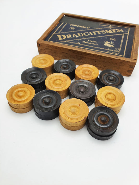 Nice Antique Boxwood & Ebony Draughts Set in Original Box – circa 1920