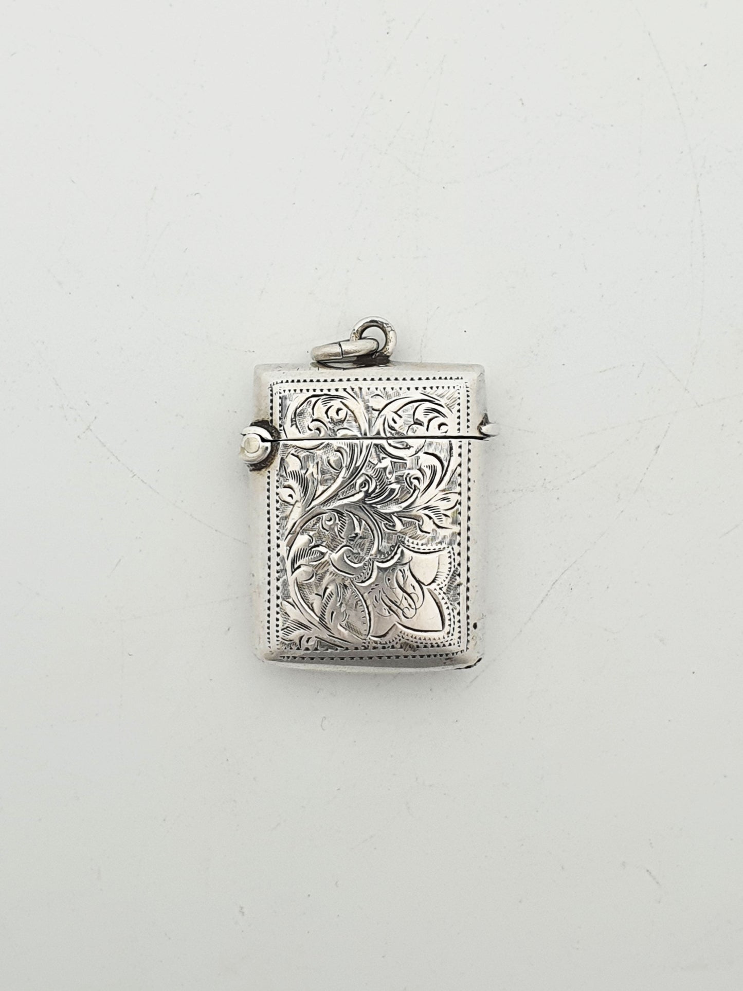 Pretty Antique Sterling Silver Vesta Case with Floral Scroll Engraving - 1908