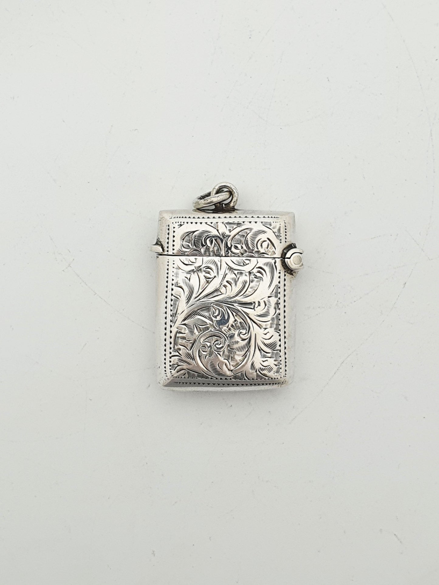 Pretty Antique Sterling Silver Vesta Case with Floral Scroll Engraving - 1908