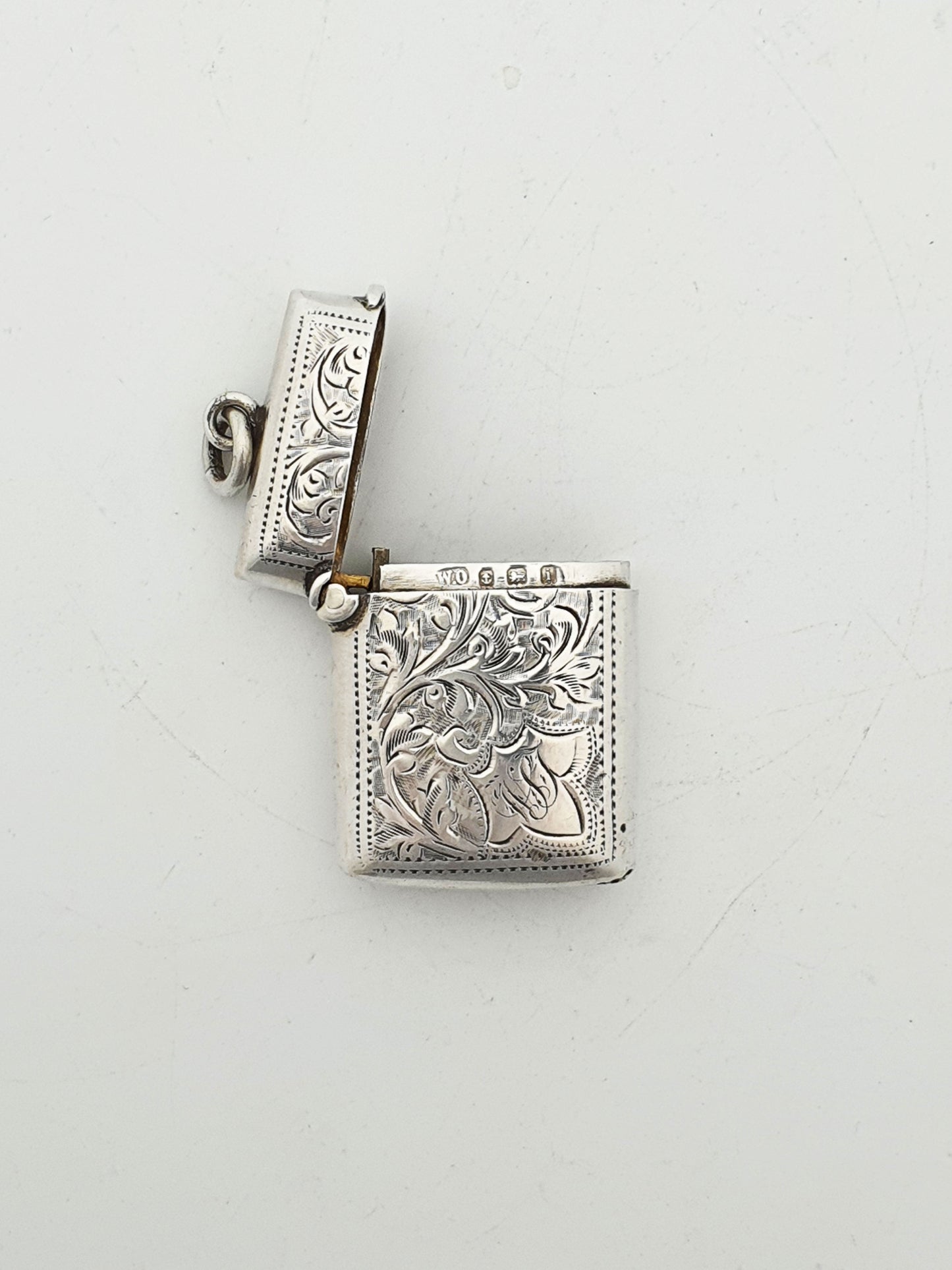 Pretty Antique Sterling Silver Vesta Case with Floral Scroll Engraving - 1908