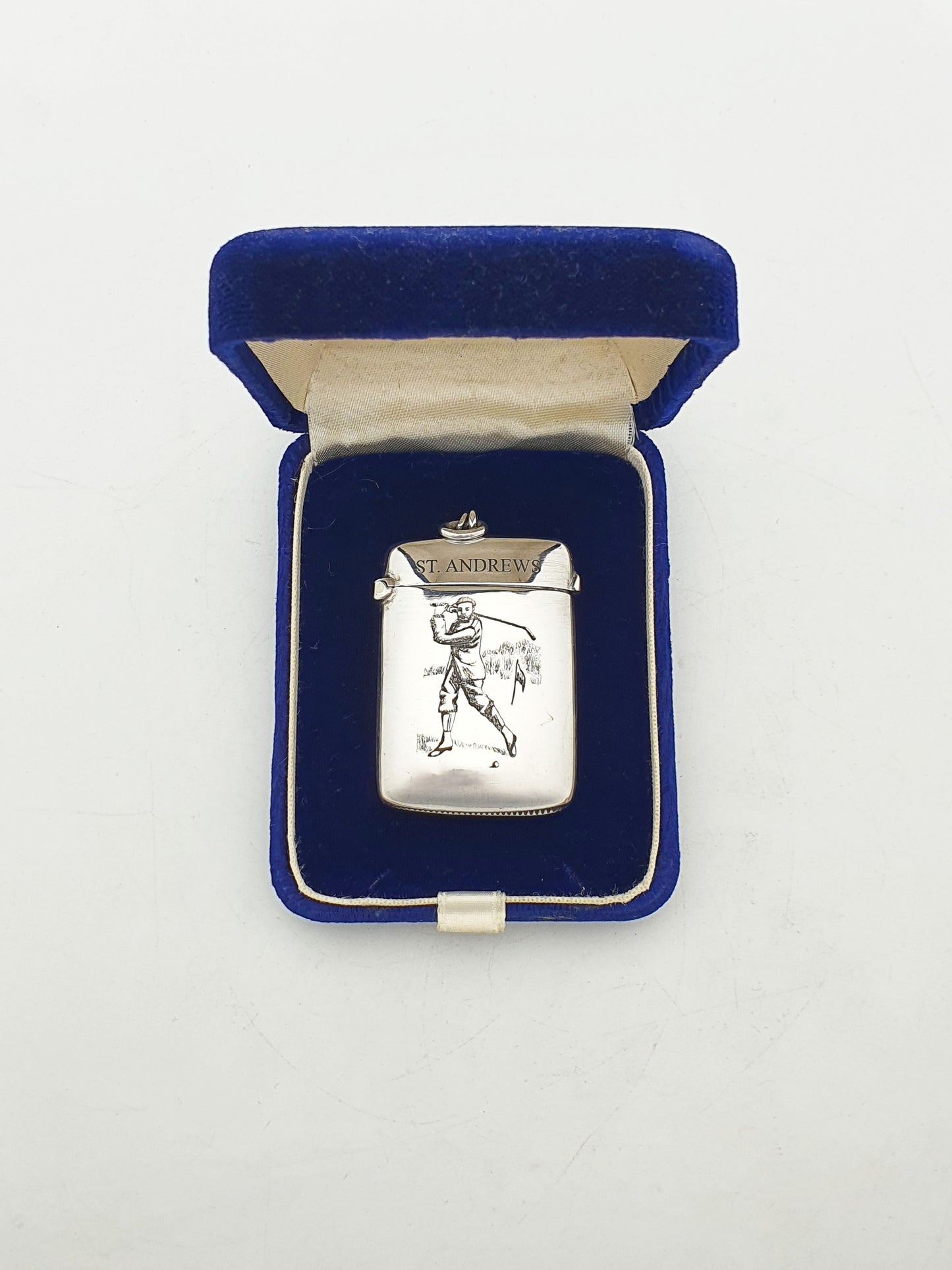 Collectable Antique Sterling Silver Vesta Case with St. Andrews Golfer Engraving - 1897
