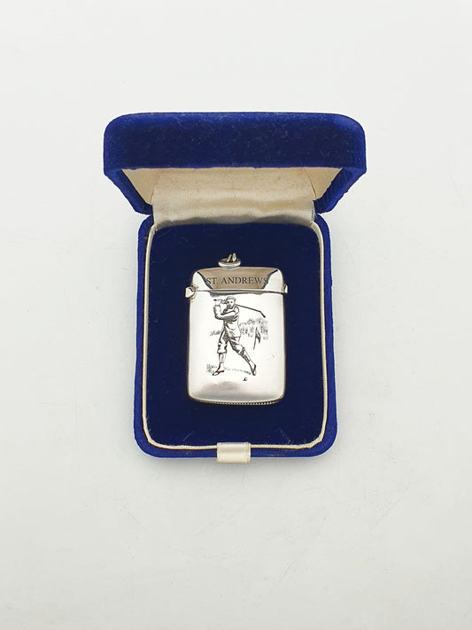 Collectable Antique Sterling Silver Vesta Case with St. Andrews Golfer Engraving - 1897