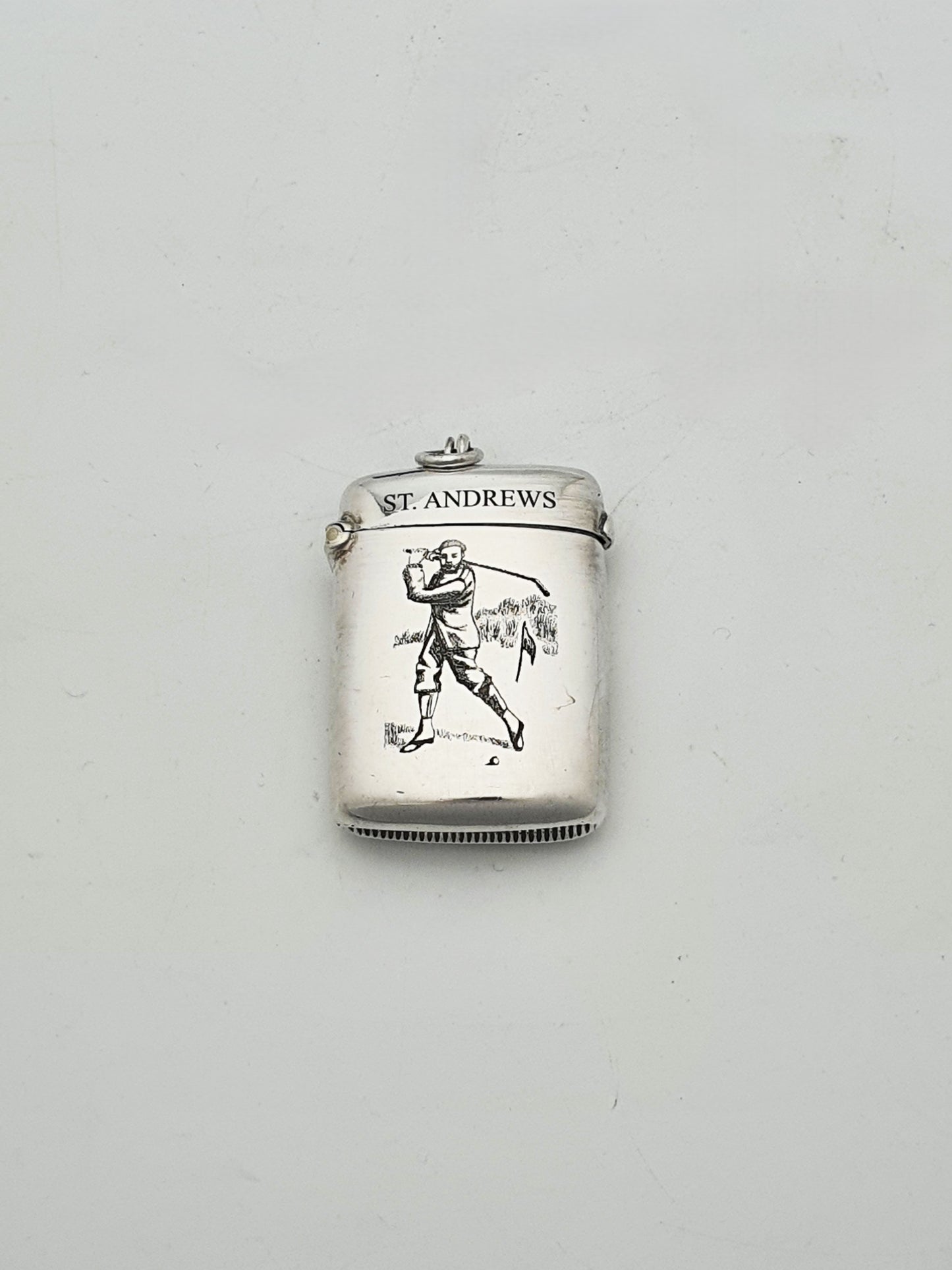 Collectable Antique Sterling Silver Vesta Case with St. Andrews Golfer Engraving - 1897