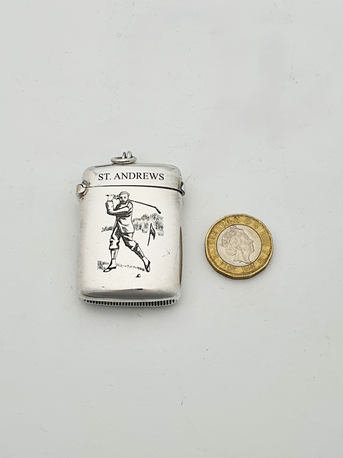 Collectable Antique Sterling Silver Vesta Case with St. Andrews Golfer Engraving - 1897