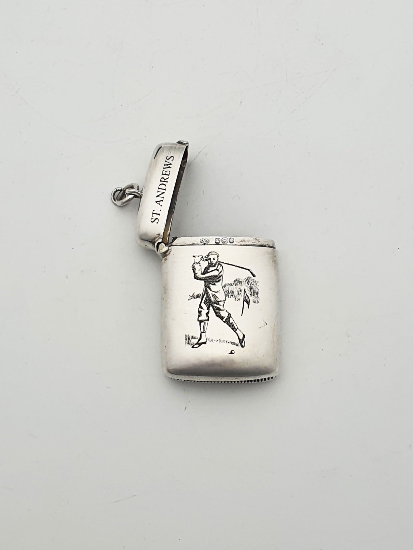 Collectable Antique Sterling Silver Vesta Case with St. Andrews Golfer Engraving - 1897