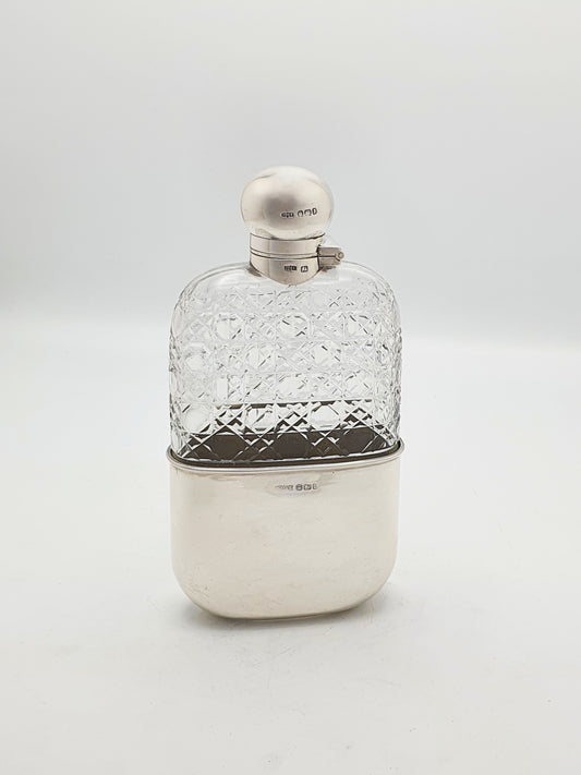 Fabulous Large Antique Victorian Cut Glass and Sterling Silver Hip Flask - 1894