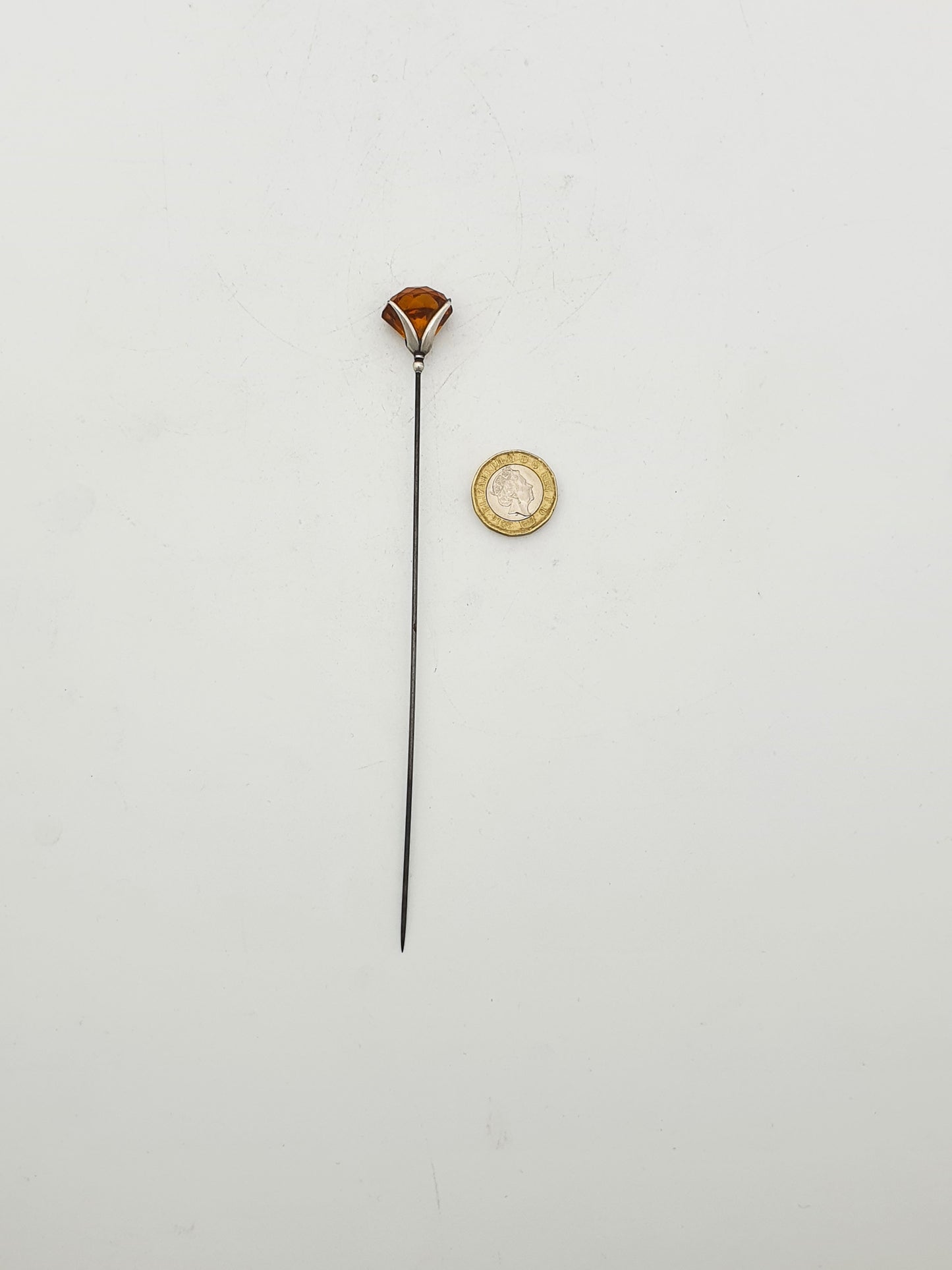 Pretty Antique Edwardian Sterling Silver & Amber-Coloured Glass Hat Pin - 1907