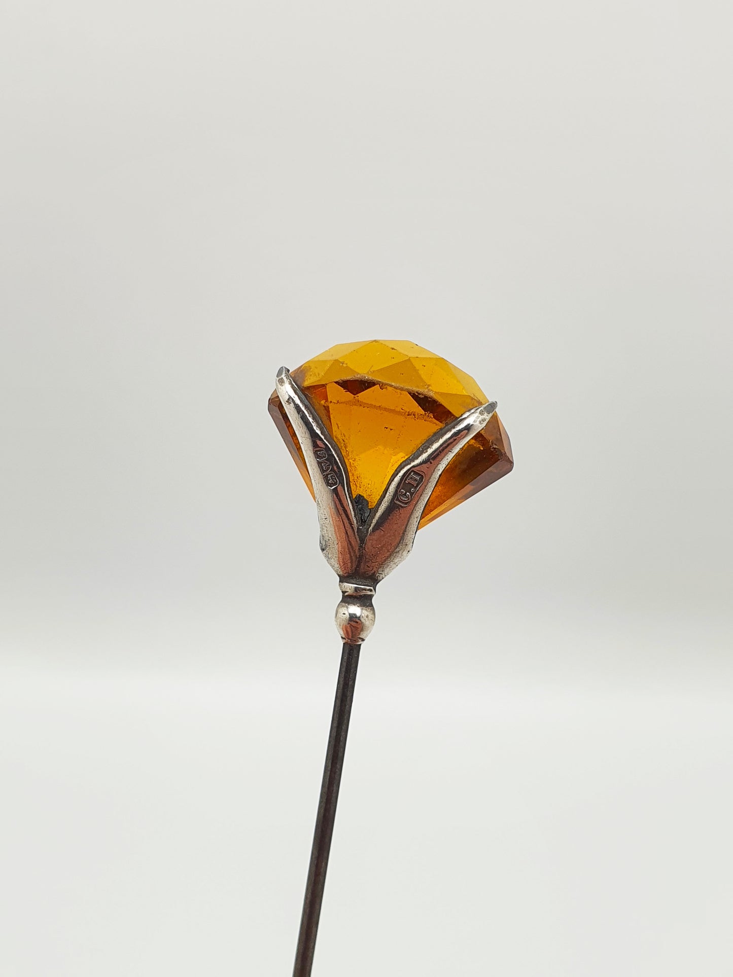 Pretty Antique Edwardian Sterling Silver & Amber-Coloured Glass Hat Pin - 1907