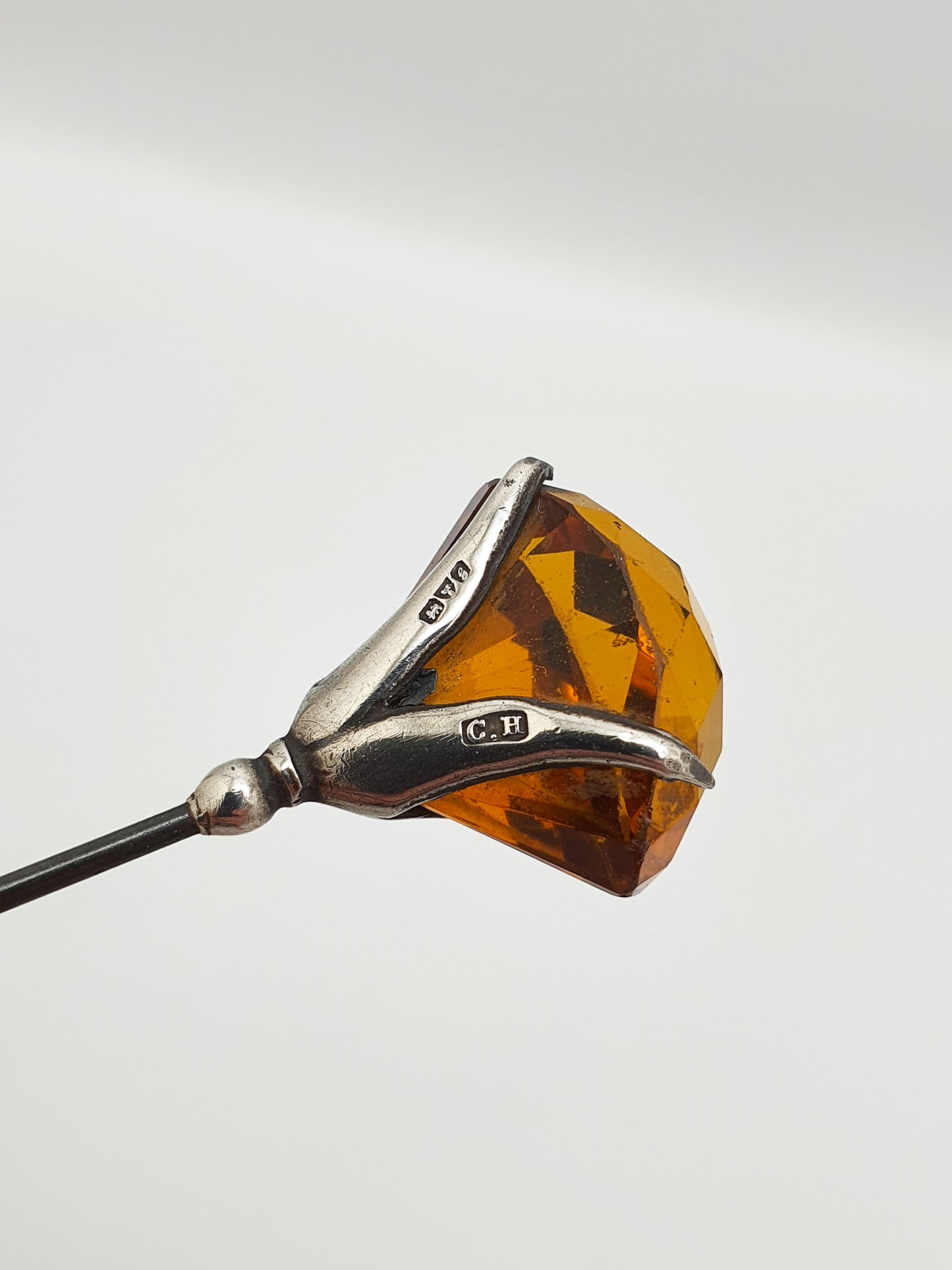 Pretty Antique Edwardian Sterling Silver & Amber-Coloured Glass Hat Pin - 1907