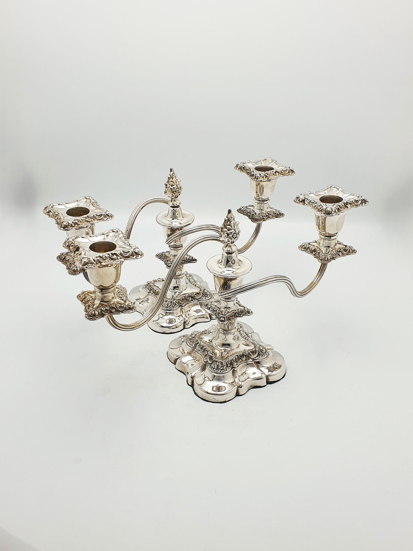 Excellent Pair of Antique Silver-Plated Rococo Revival Low Candelabra – circa 1920