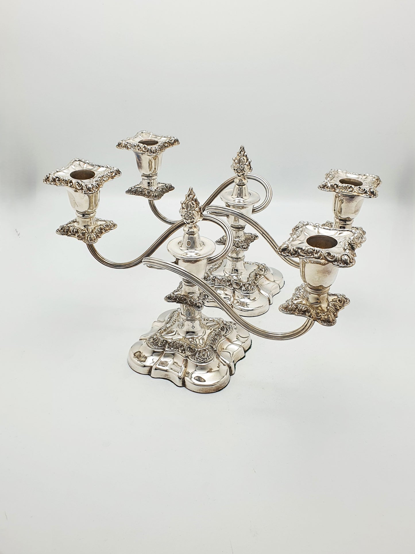 Excellent Pair of Antique Silver-Plated Rococo Revival Low Candelabra – circa 1920