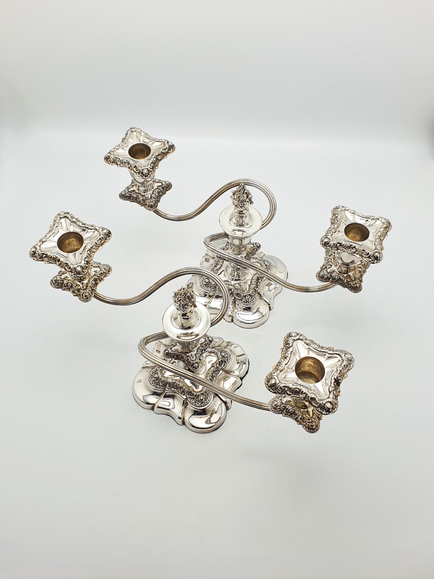 Excellent Pair of Antique Silver-Plated Rococo Revival Low Candelabra – circa 1920