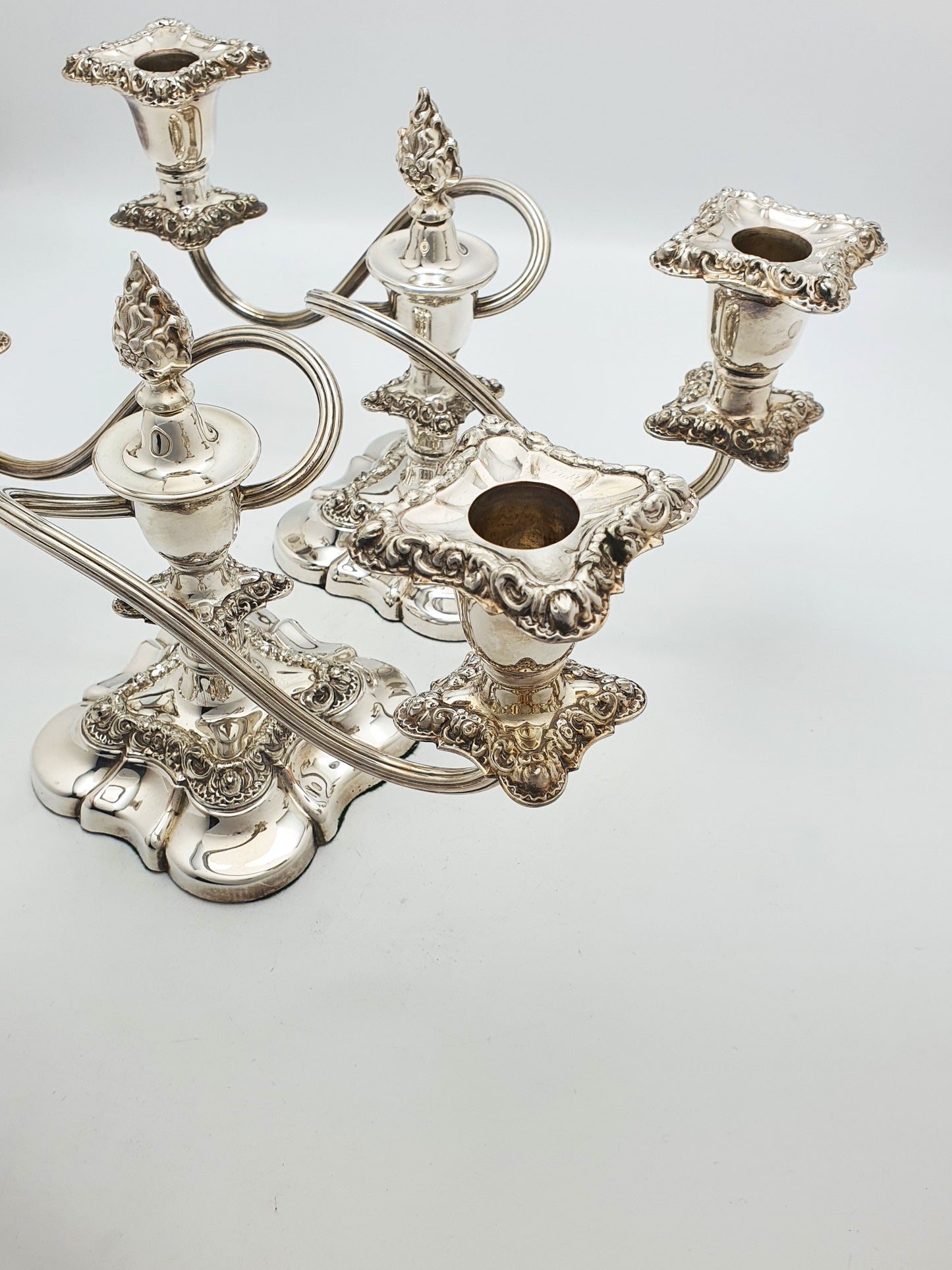 Excellent Pair of Antique Silver-Plated Rococo Revival Low Candelabra – circa 1920