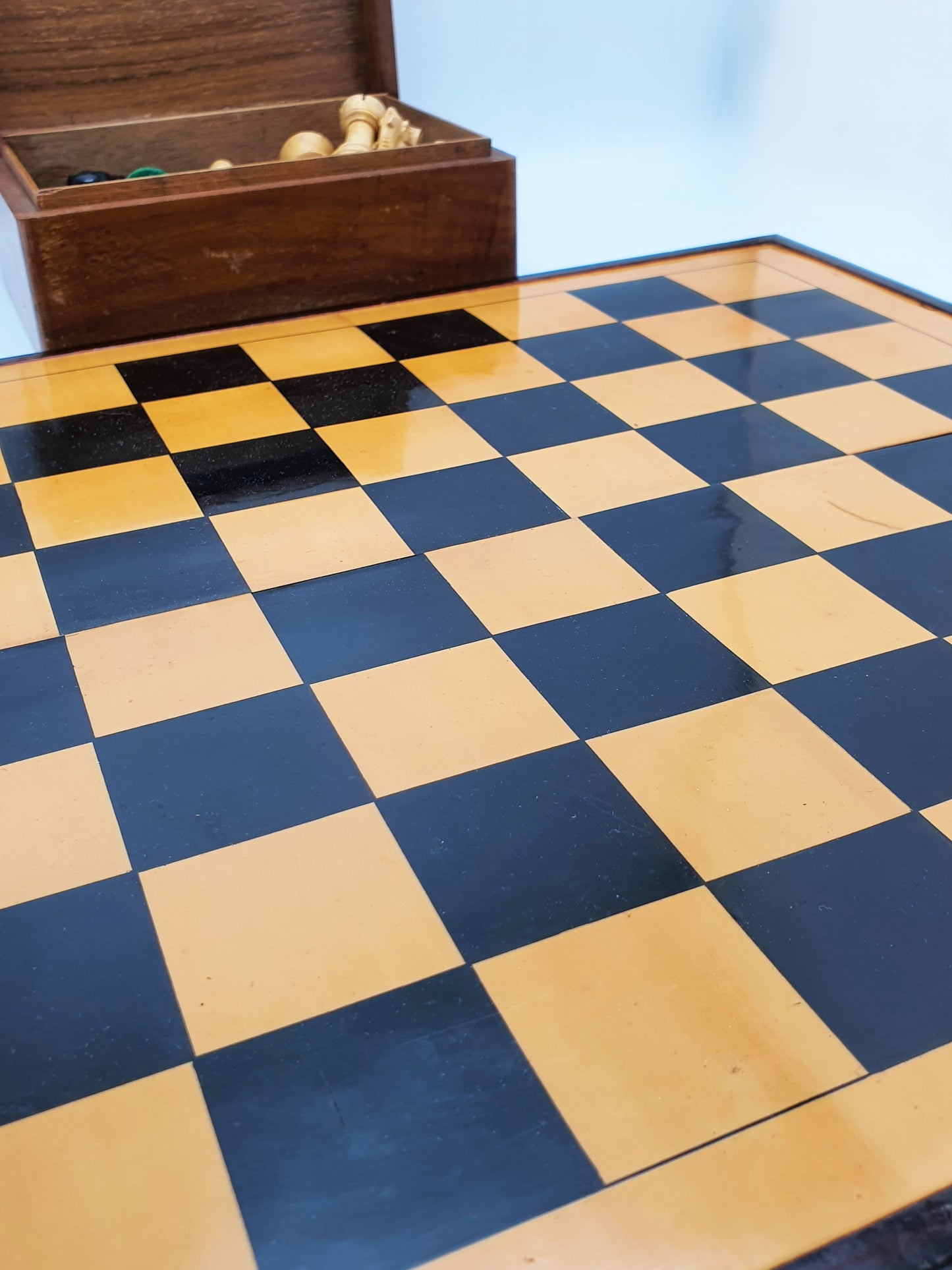 Nice Vintage Wooden Weighted Chess Set with Folding Board and Storage Box – circa 1950