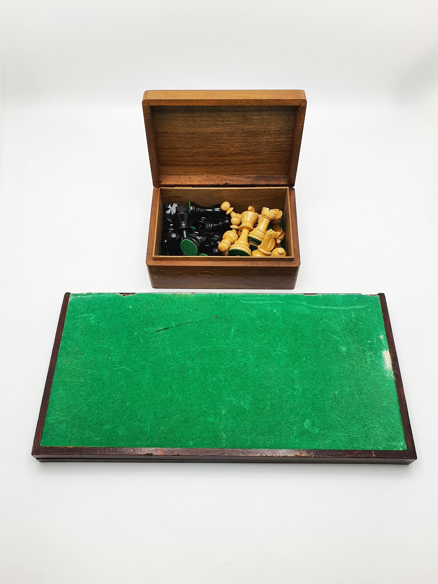 Nice Vintage Wooden Weighted Chess Set with Folding Board and Storage Box – circa 1950