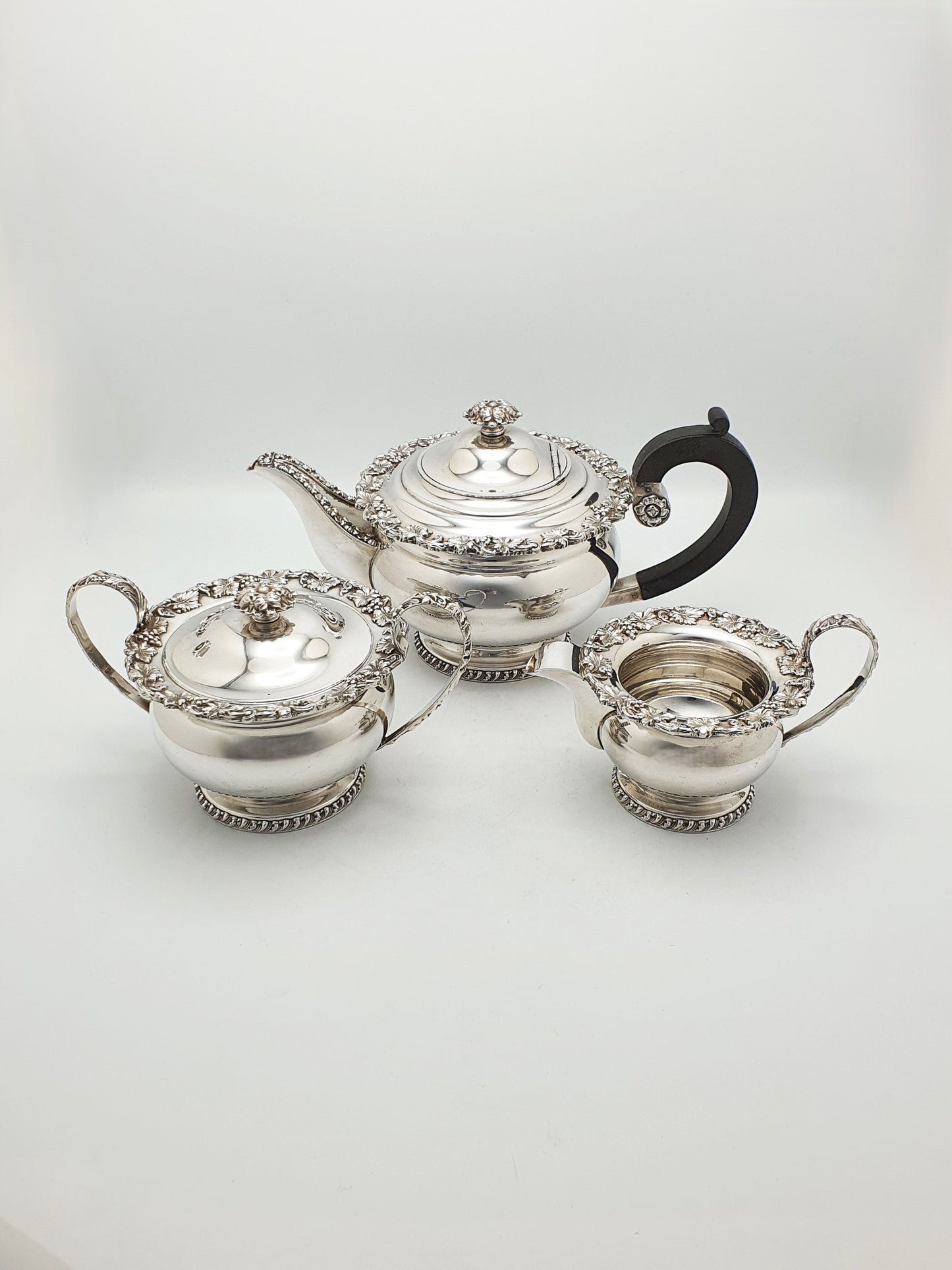 Gorgeous Antique Silver-Plated Three-Piece Tea Set with Ornate Grapevine Detailing – circa 1920