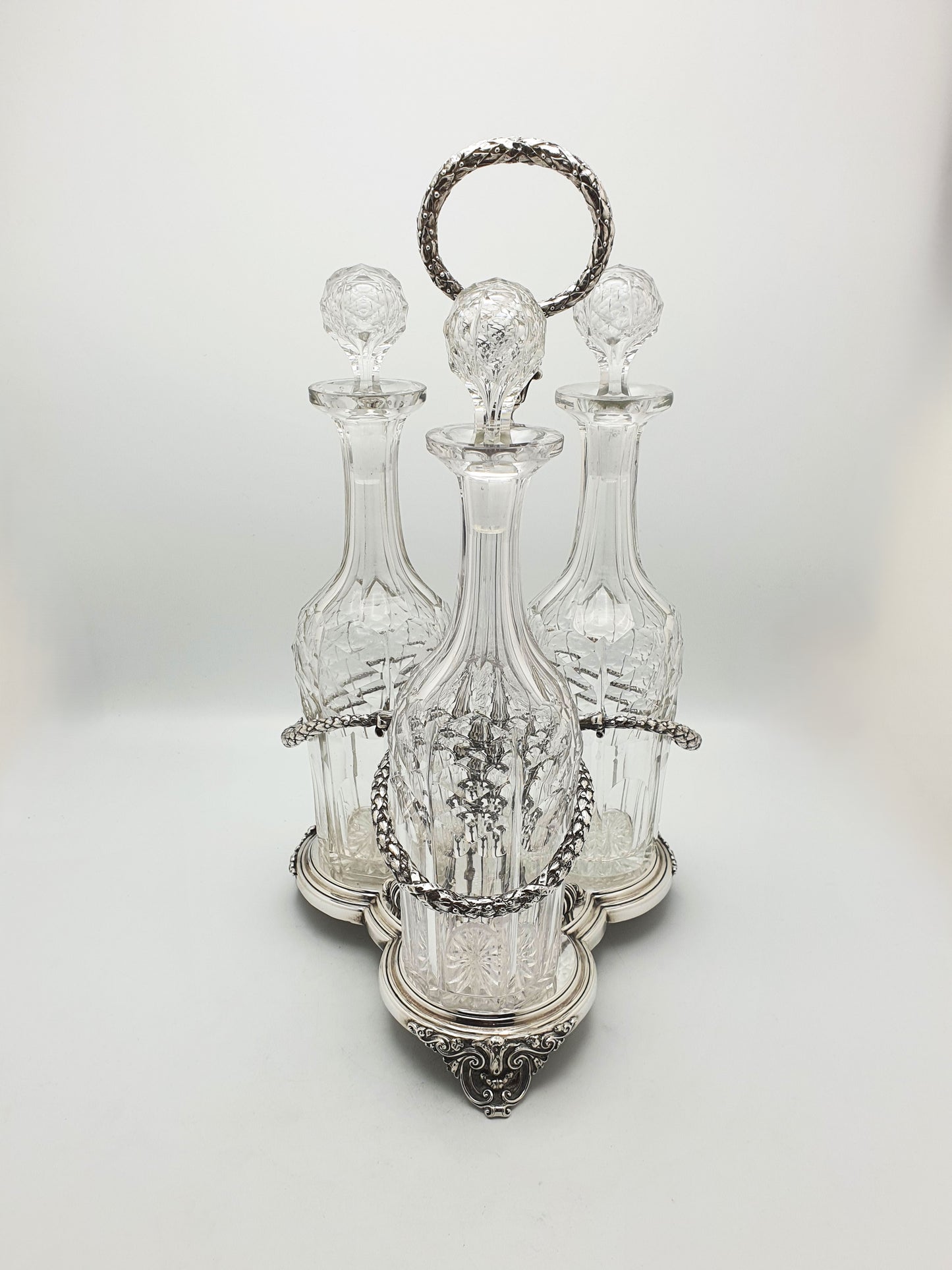 Stunning Elkington Antique 3 Bottle Decanter Set in Ornate Silver-Plated Stand – 1860