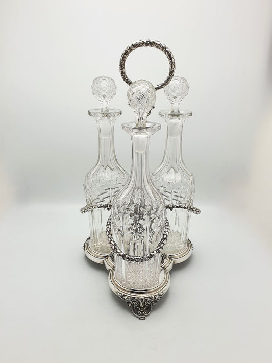 Stunning Elkington Antique 3 Bottle Decanter Set in Ornate Silver-Plated Stand – 1860