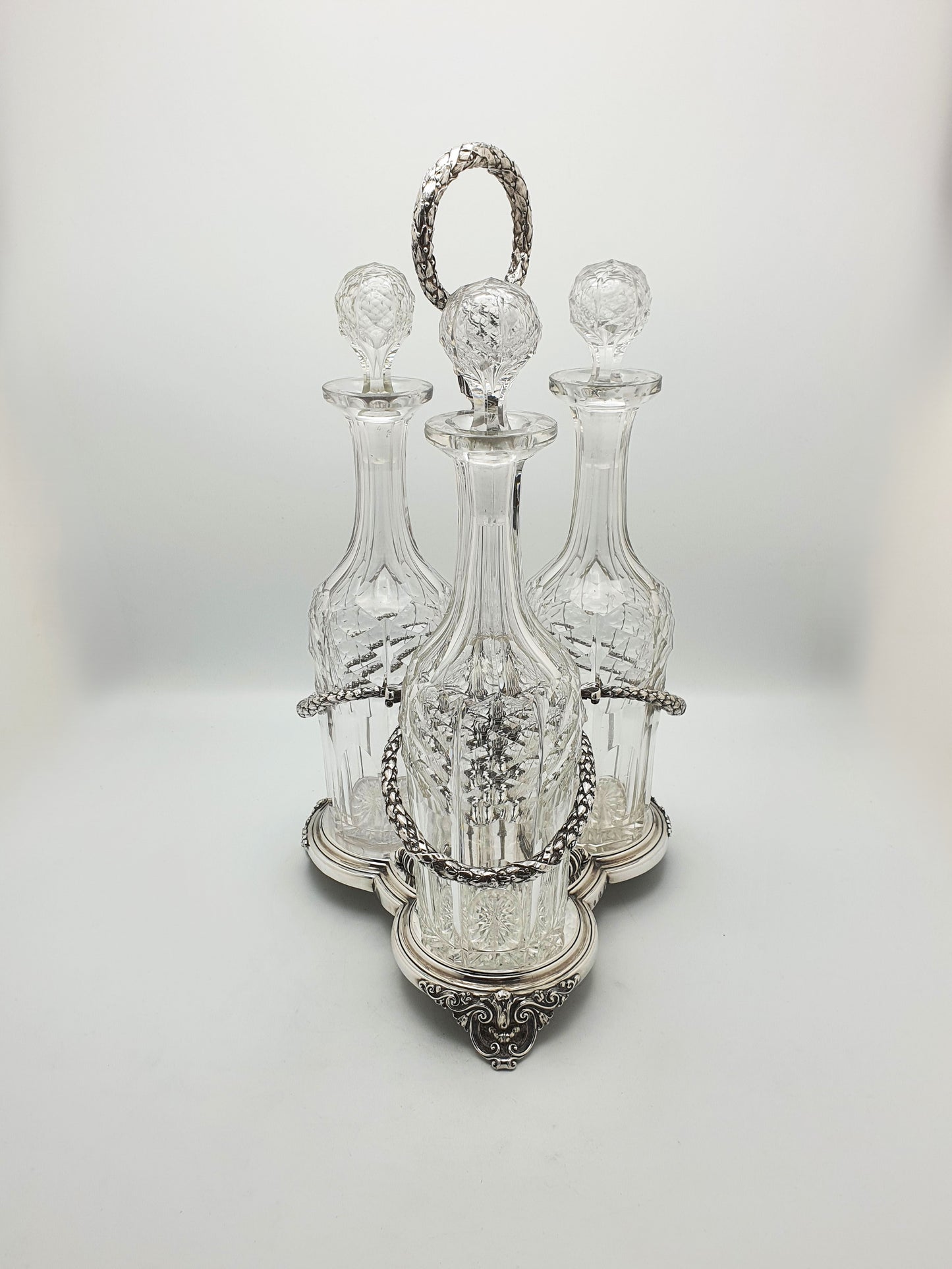 Stunning Elkington Antique 3 Bottle Decanter Set in Ornate Silver-Plated Stand – 1860