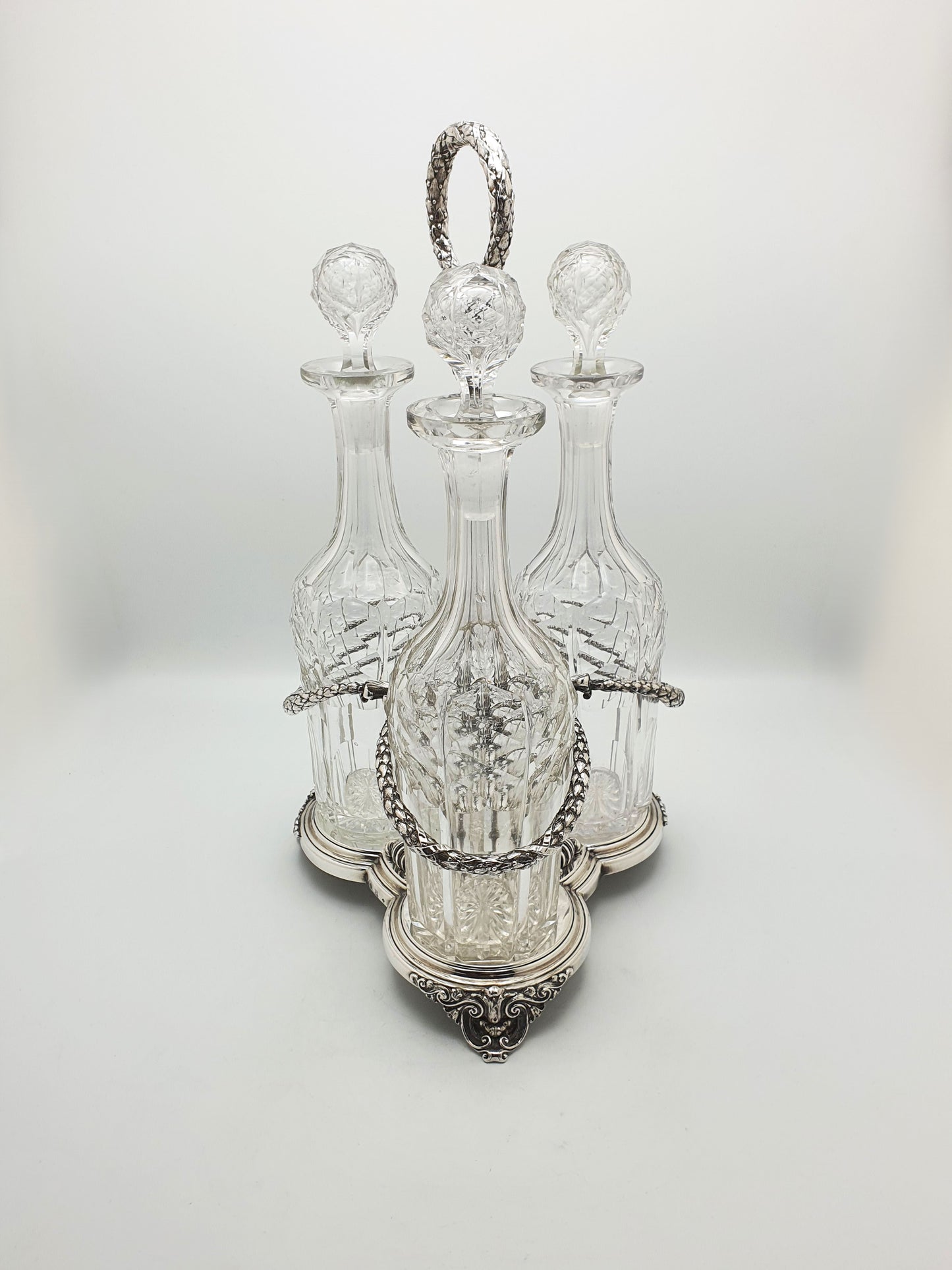 Stunning Elkington Antique 3 Bottle Decanter Set in Ornate Silver-Plated Stand – 1860