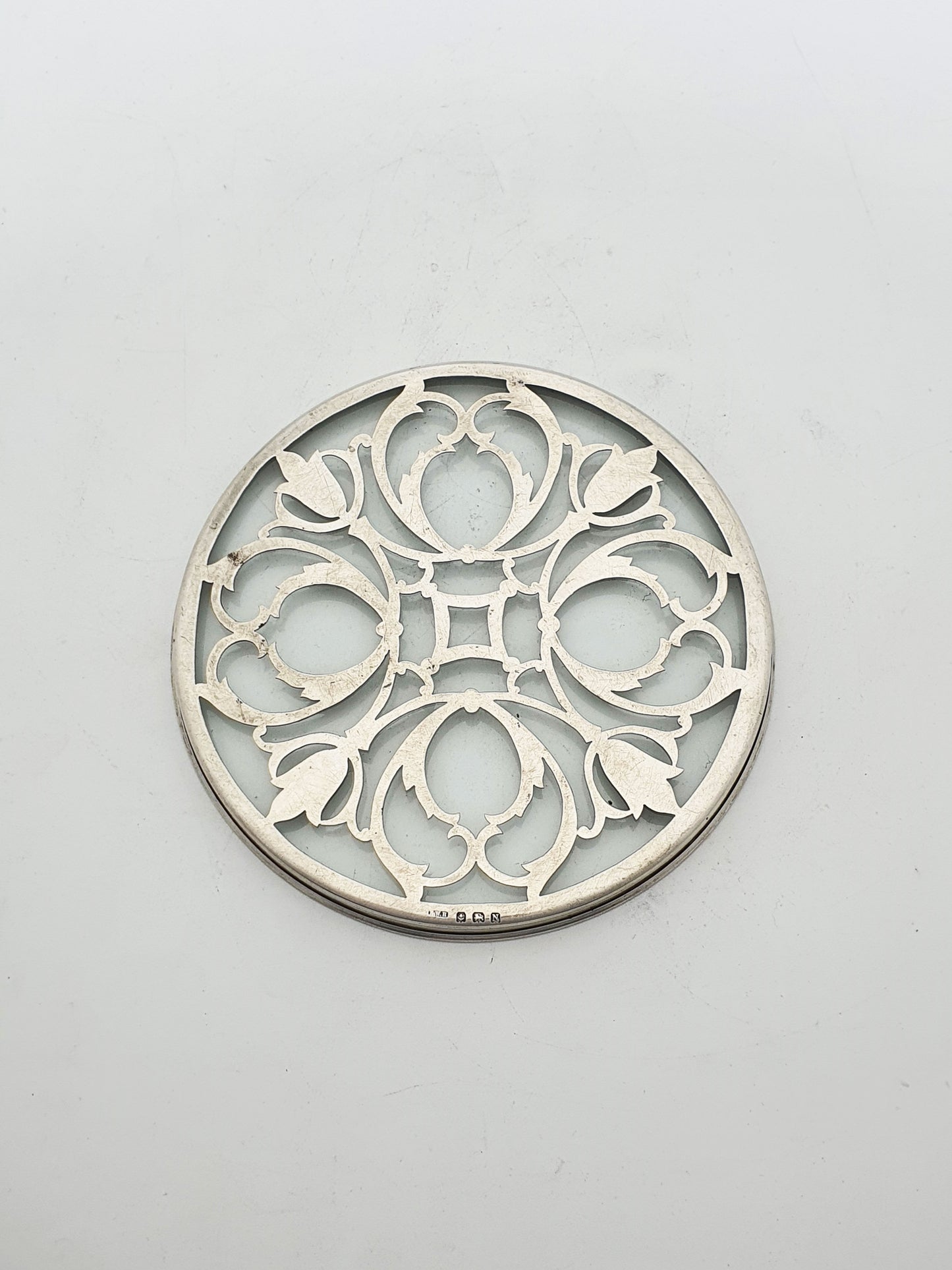 Lovely Sterling Silver and Glass Coaster with Pierced Scrollwork Design - 1937