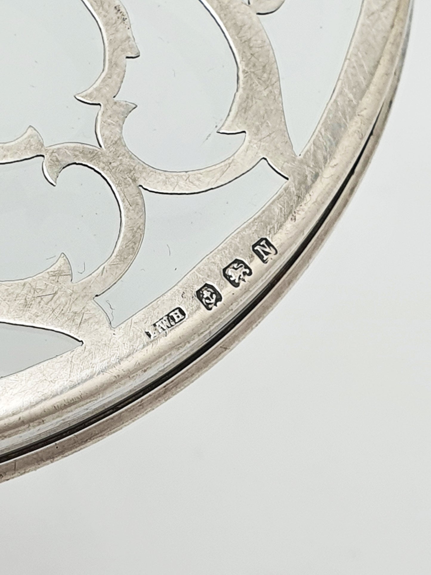 Lovely Sterling Silver and Glass Coaster with Pierced Scrollwork Design - 1937