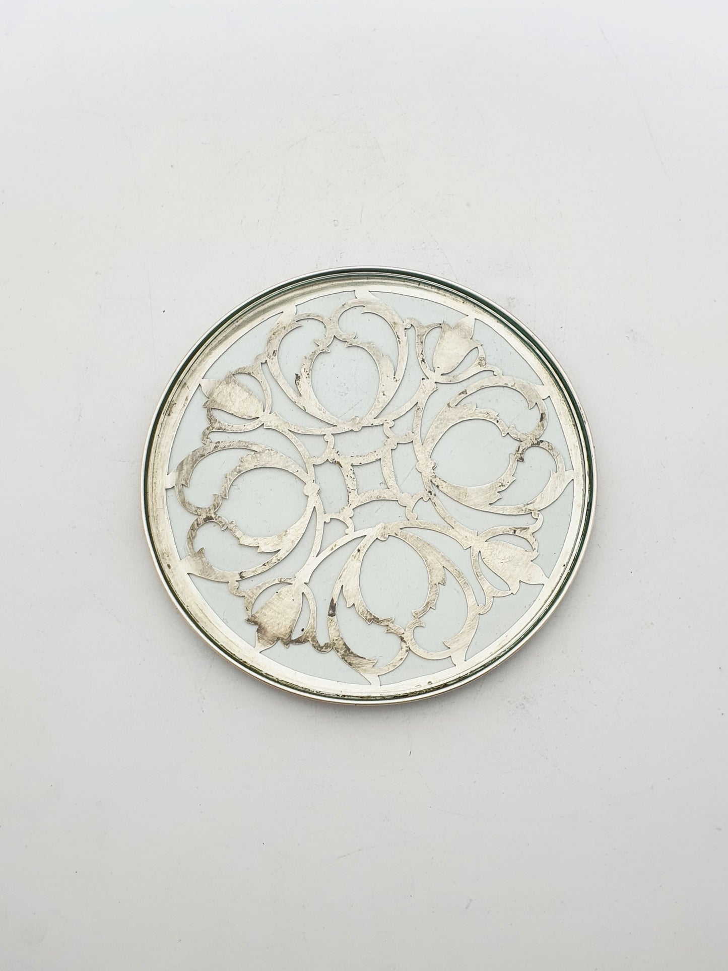 Lovely Sterling Silver and Glass Coaster with Pierced Scrollwork Design - 1937