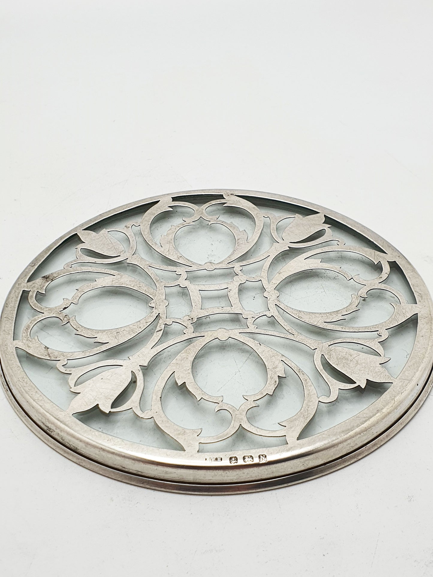 Lovely Sterling Silver and Glass Coaster with Pierced Scrollwork Design - 1937