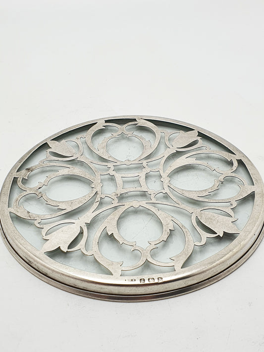 Lovely Sterling Silver and Glass Coaster with Pierced Scrollwork Design - 1937
