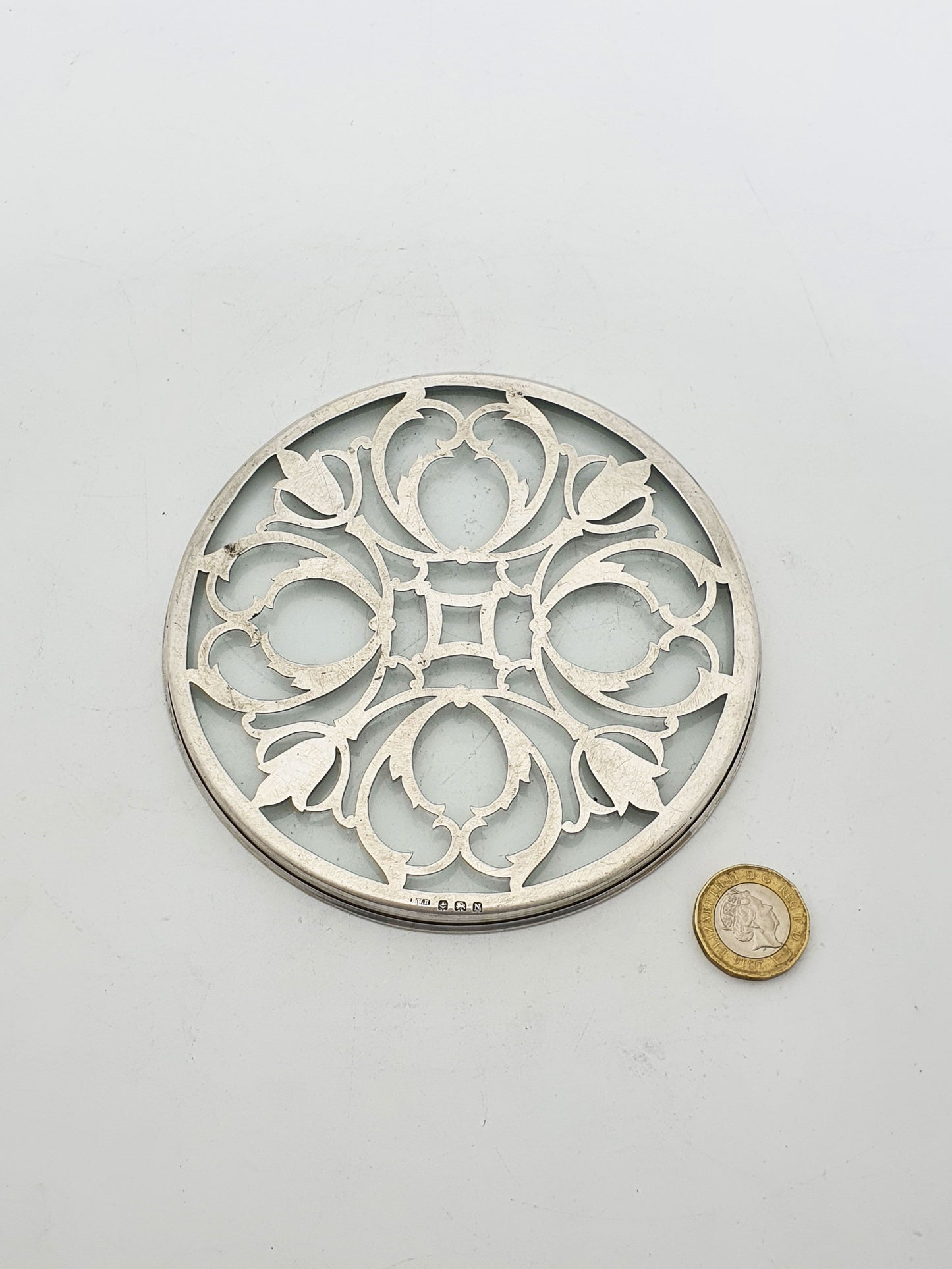 Lovely Sterling Silver and Glass Coaster with Pierced Scrollwork Design - 1937