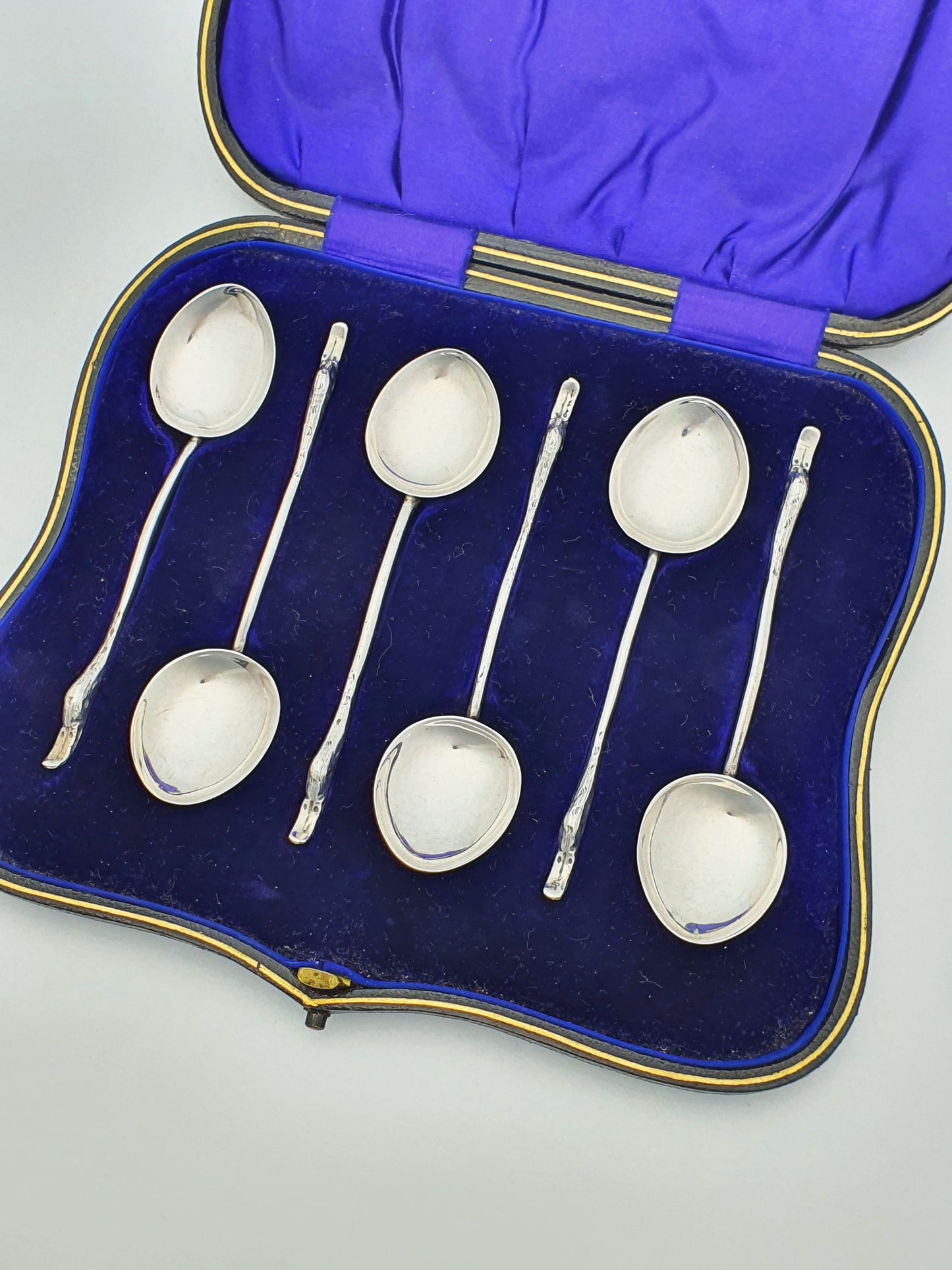 Unusual Set of 6 Sterling Silver Swan Neck Teaspoons - Birmingham 1906