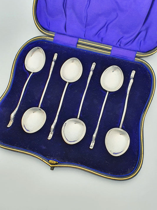 Unusual Set of 6 Sterling Silver Swan Neck Teaspoons - Birmingham 1906