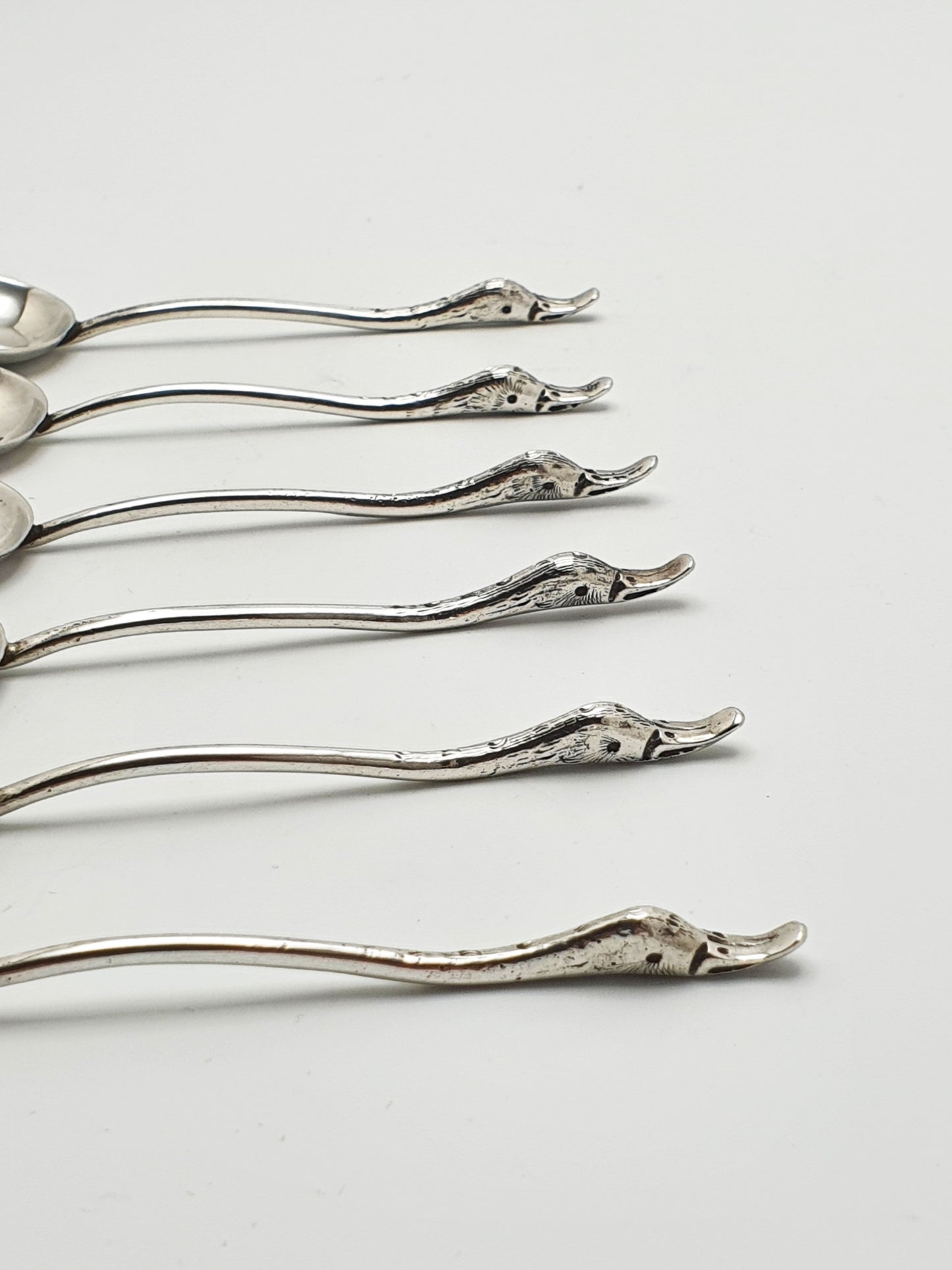 Unusual Set of 6 Sterling Silver Swan Neck Teaspoons - Birmingham 1906