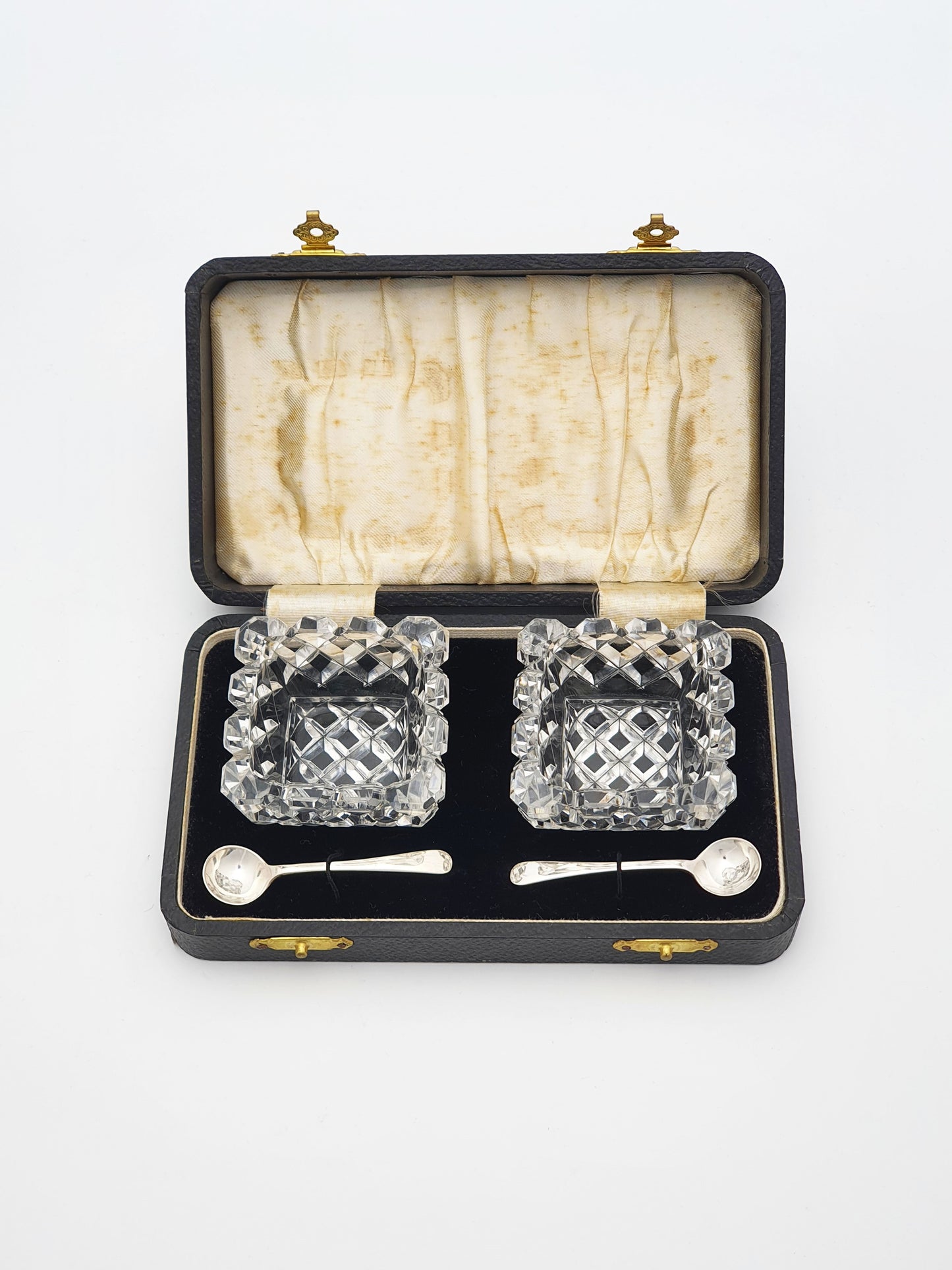 Lovely Art Deco Cut Crystal & Sterling Silver Salt Cellar Set - 1935