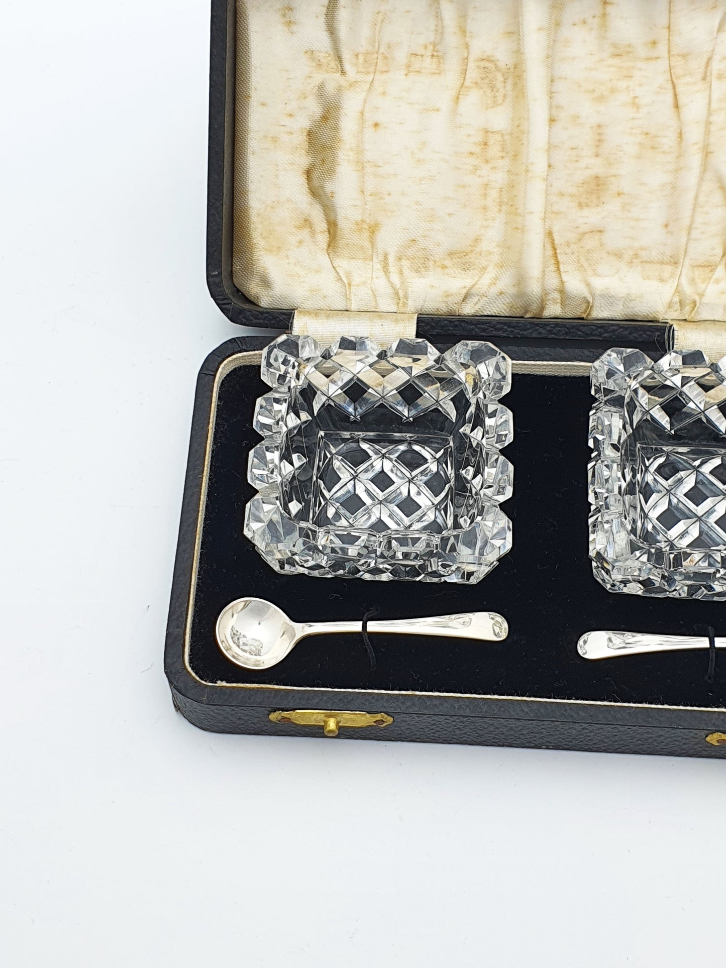 Lovely Art Deco Cut Crystal & Sterling Silver Salt Cellar Set - 1935