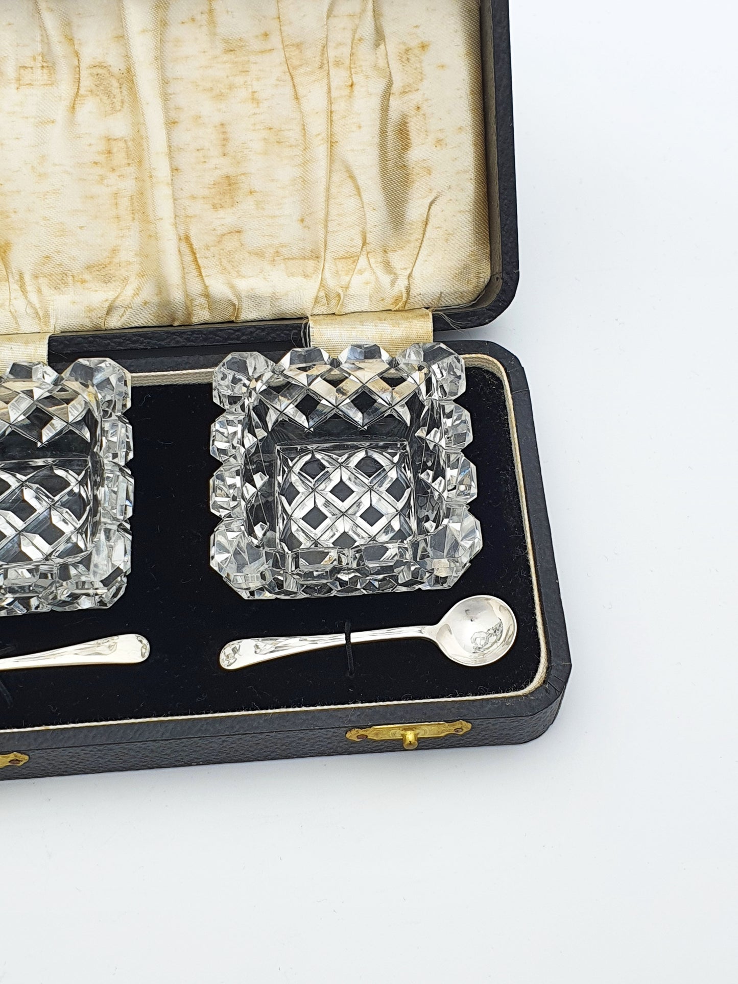 Lovely Art Deco Cut Crystal & Sterling Silver Salt Cellar Set - 1935
