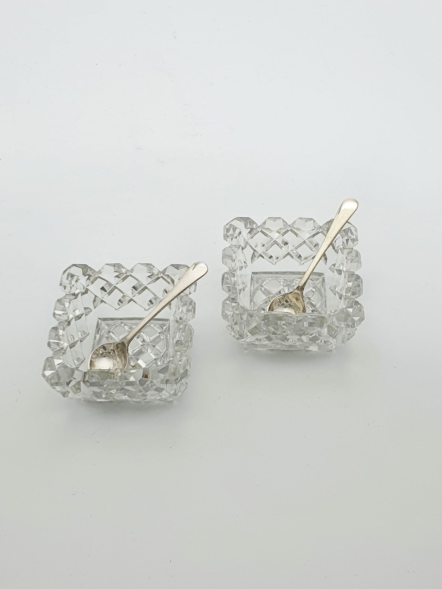 Lovely Art Deco Cut Crystal & Sterling Silver Salt Cellar Set - 1935