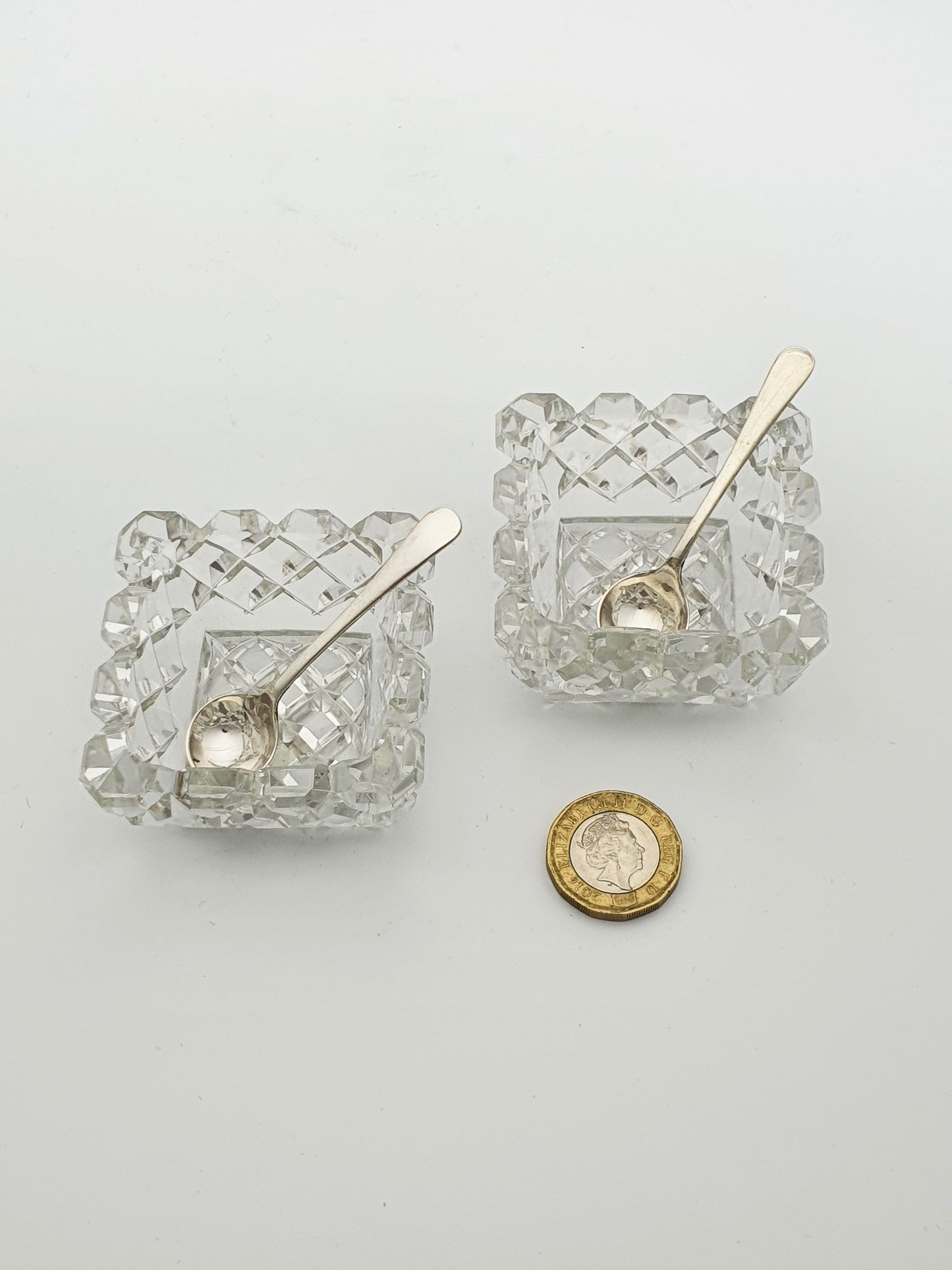 Lovely Art Deco Cut Crystal & Sterling Silver Salt Cellar Set - 1935